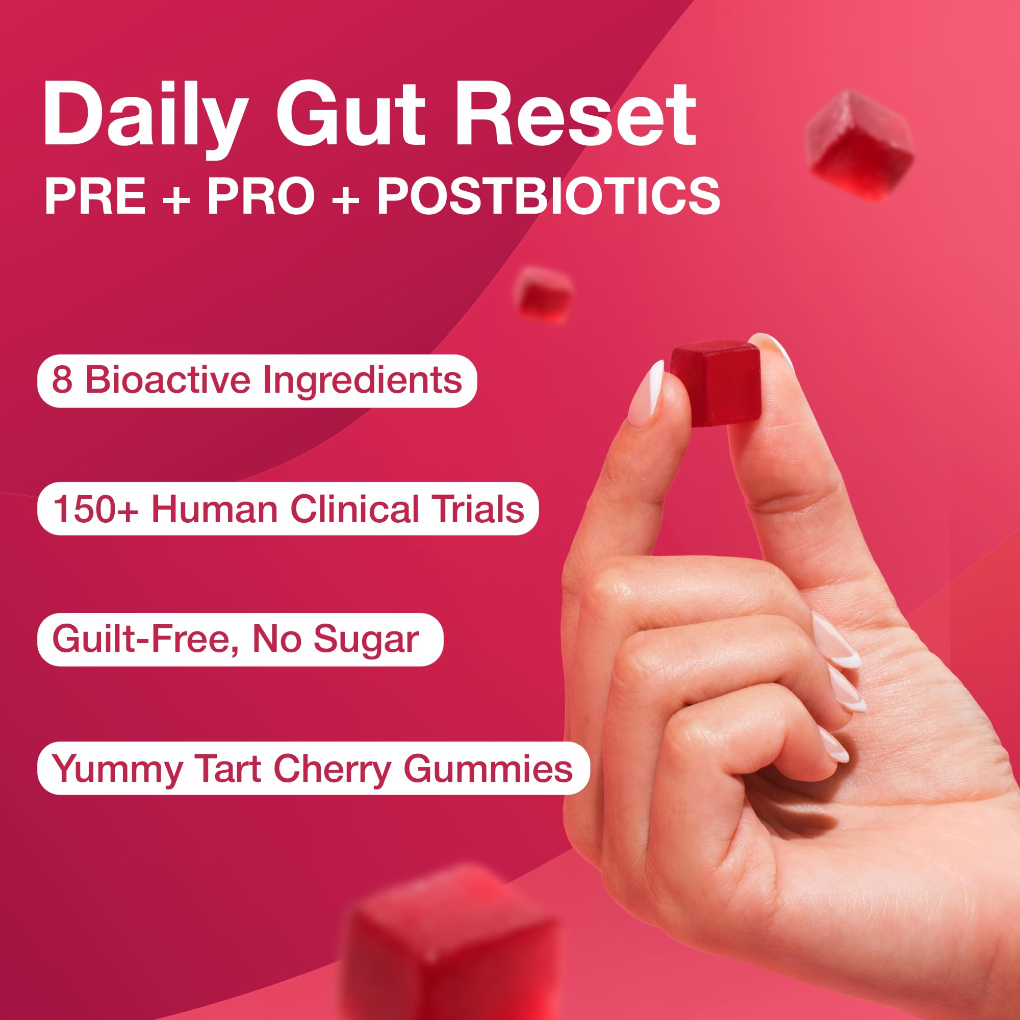 The Gut Gummy gomita en mano para demostrar tamaño y facilidad