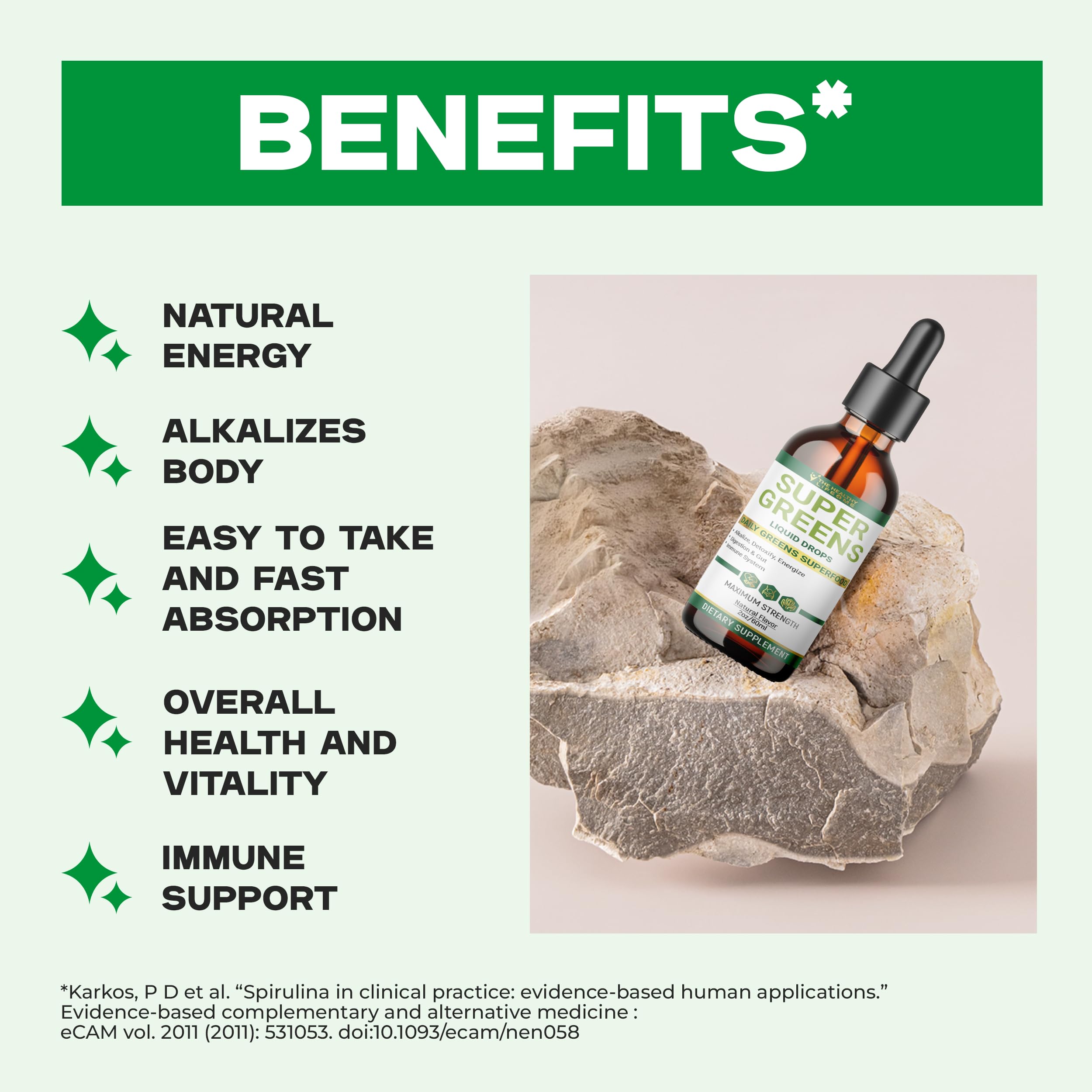 The Healthy Life 4 Me ingredientes en primer plano (chlorella, spirulina), beneficio nutrientes concentrados