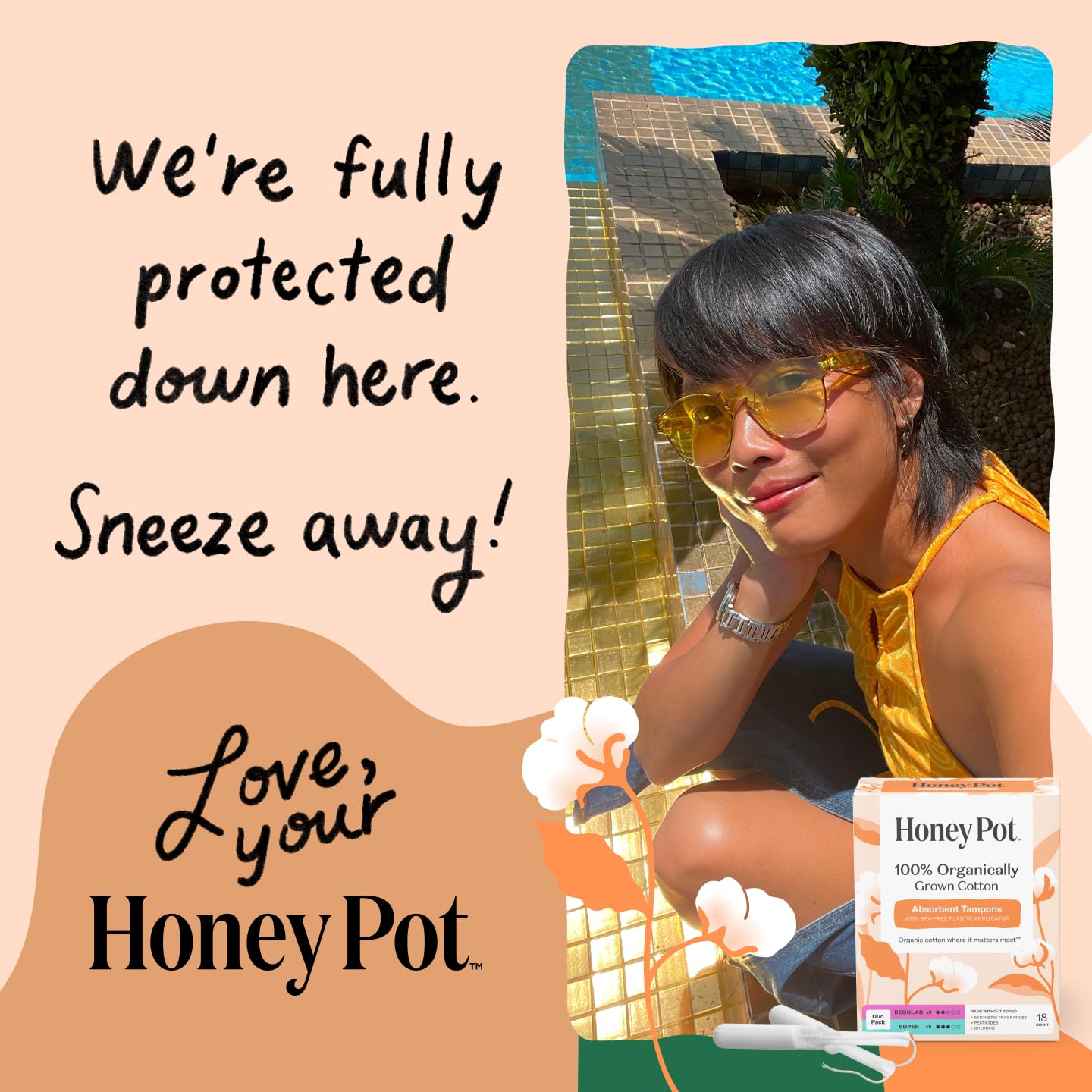 The Honey Pot Company pack abierto con tampones visibles, acceso rápido