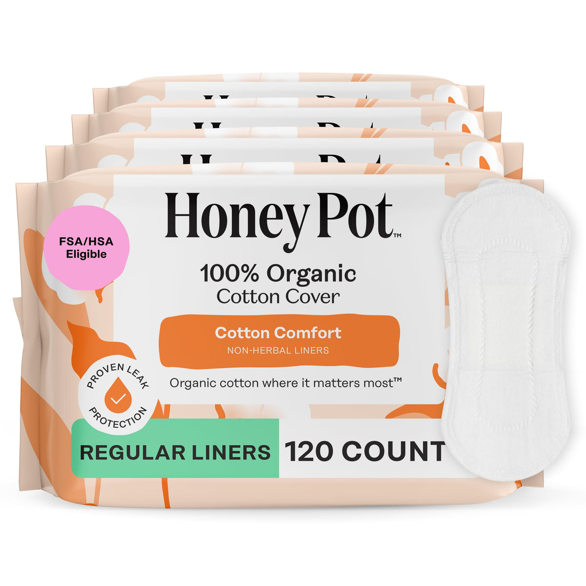 The Honey Pot Company paquete frontal mostrando 120 protectores y comodidad