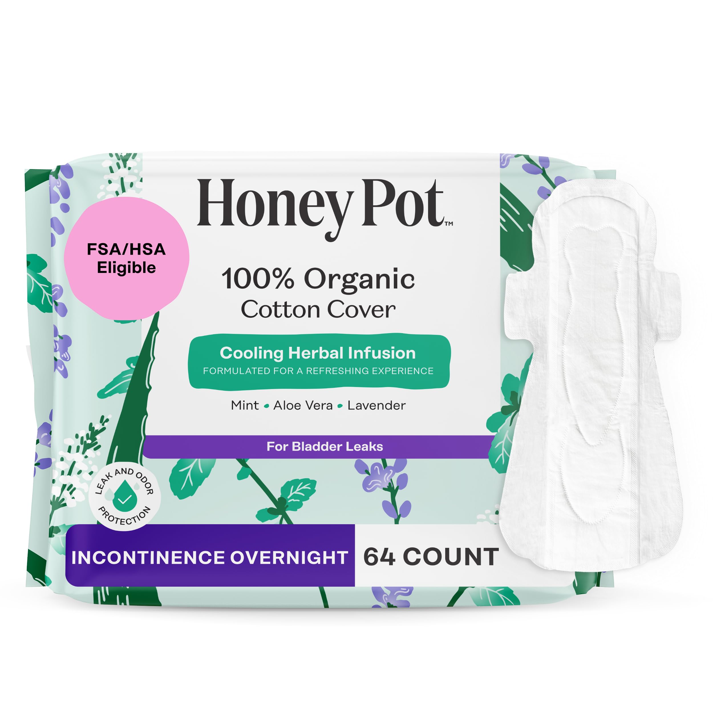 The Honey Pot Company paquete frontal mostrando 64 toallas y beneficios
