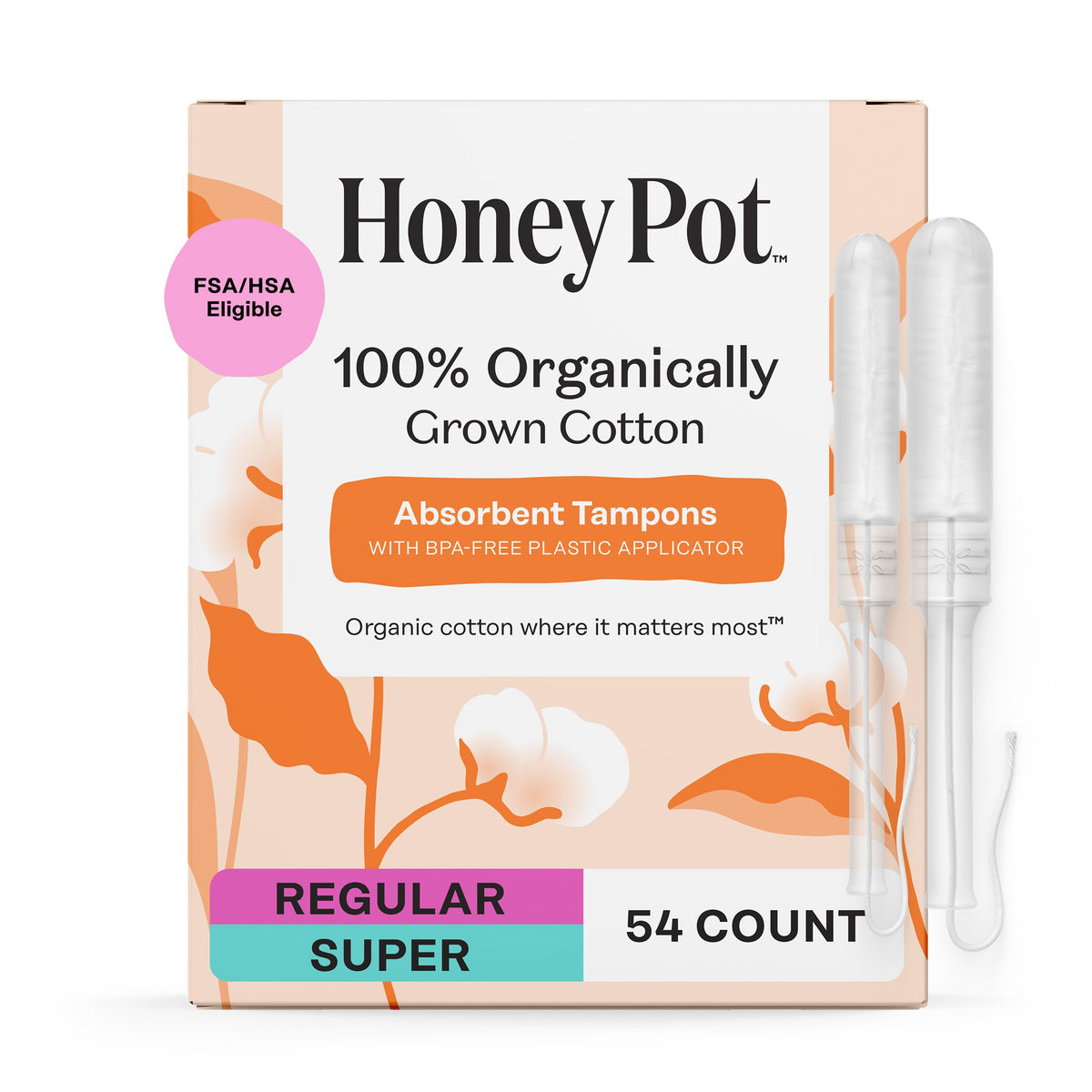 The Honey Pot Company pack frontal mostrando 54 tampones y ventaja ahorro