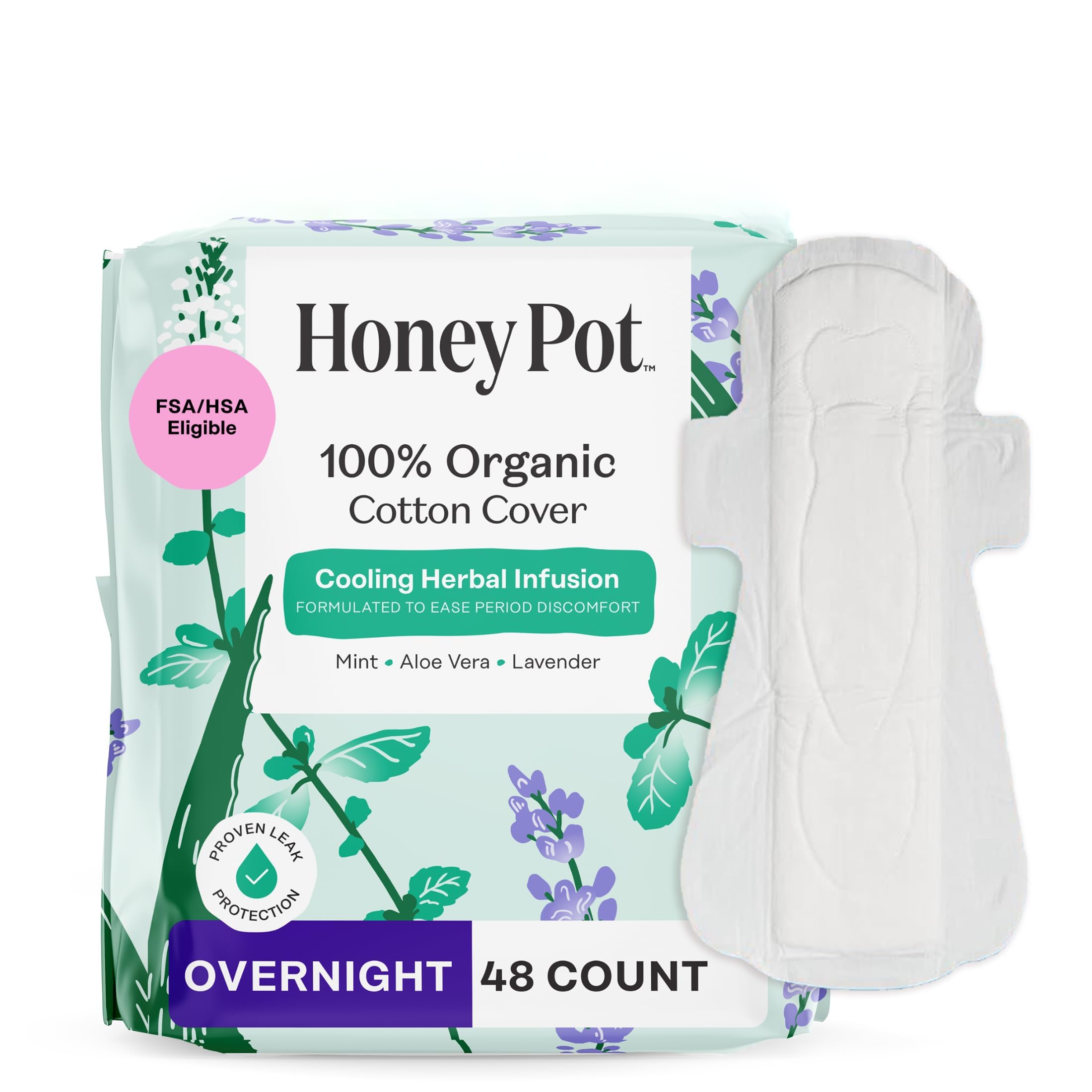 The Honey Pot Company empaque frontal mostrando 48 unidades y beneficio de protección nocturna