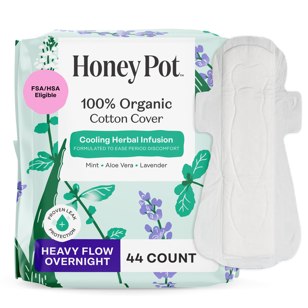 The Honey Pot embalaje frontal mostrando 44 toallas para noches seguras
