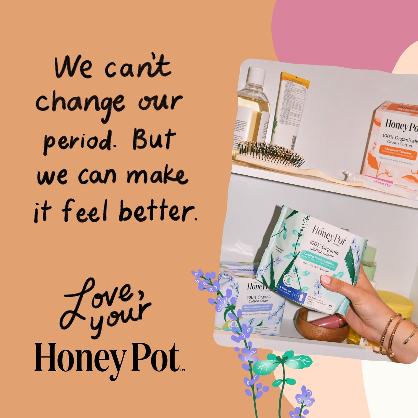 The Honey Pot Company etiqueta de ingredientes destacando hierbas y sin fragancias fuertes
