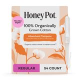 The Honey Pot Company envase frontal que muestra 54 tampones y beneficio de reposición