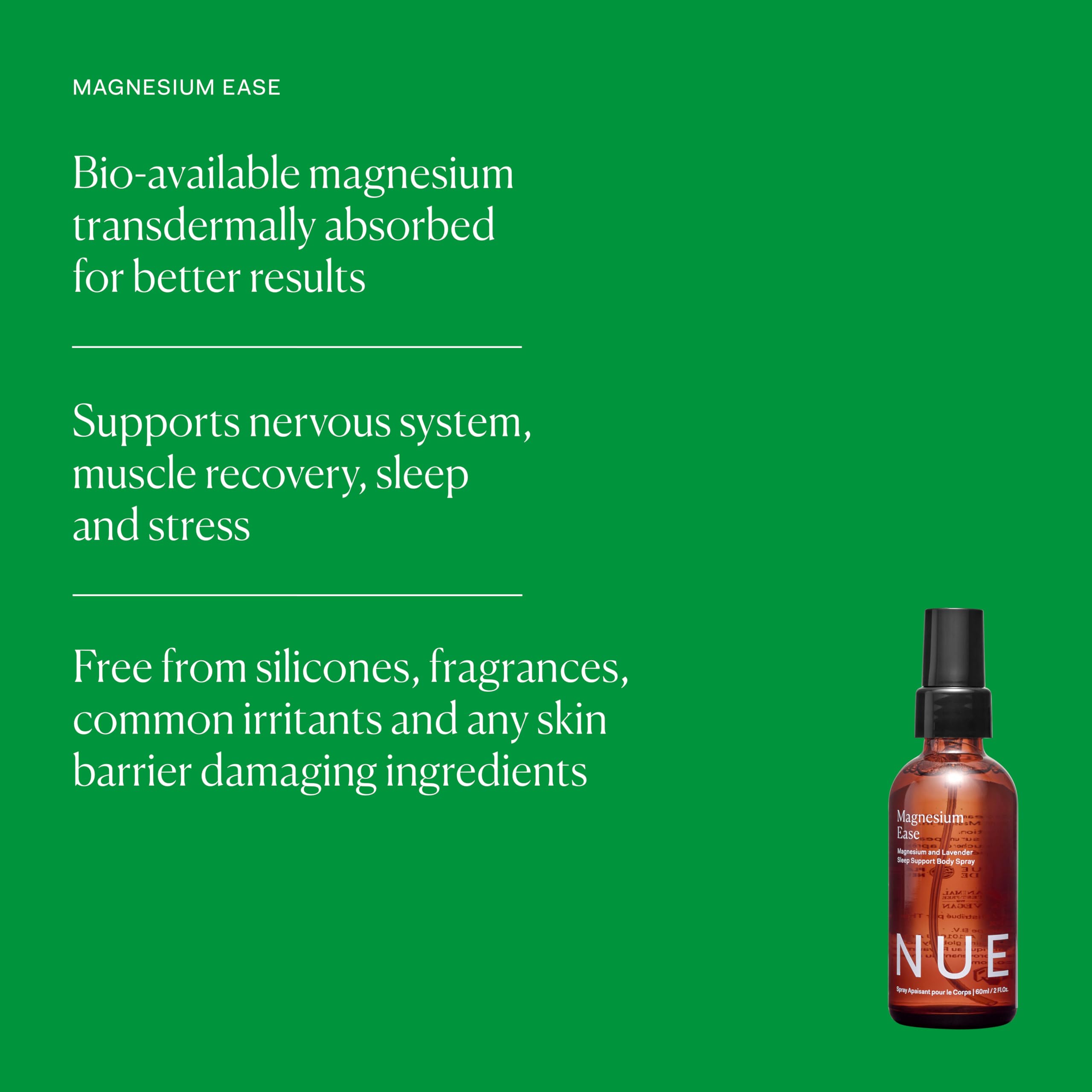 The Nue Co etiqueta con lista de ingredientes destacando magnesio, lavanda y árnica