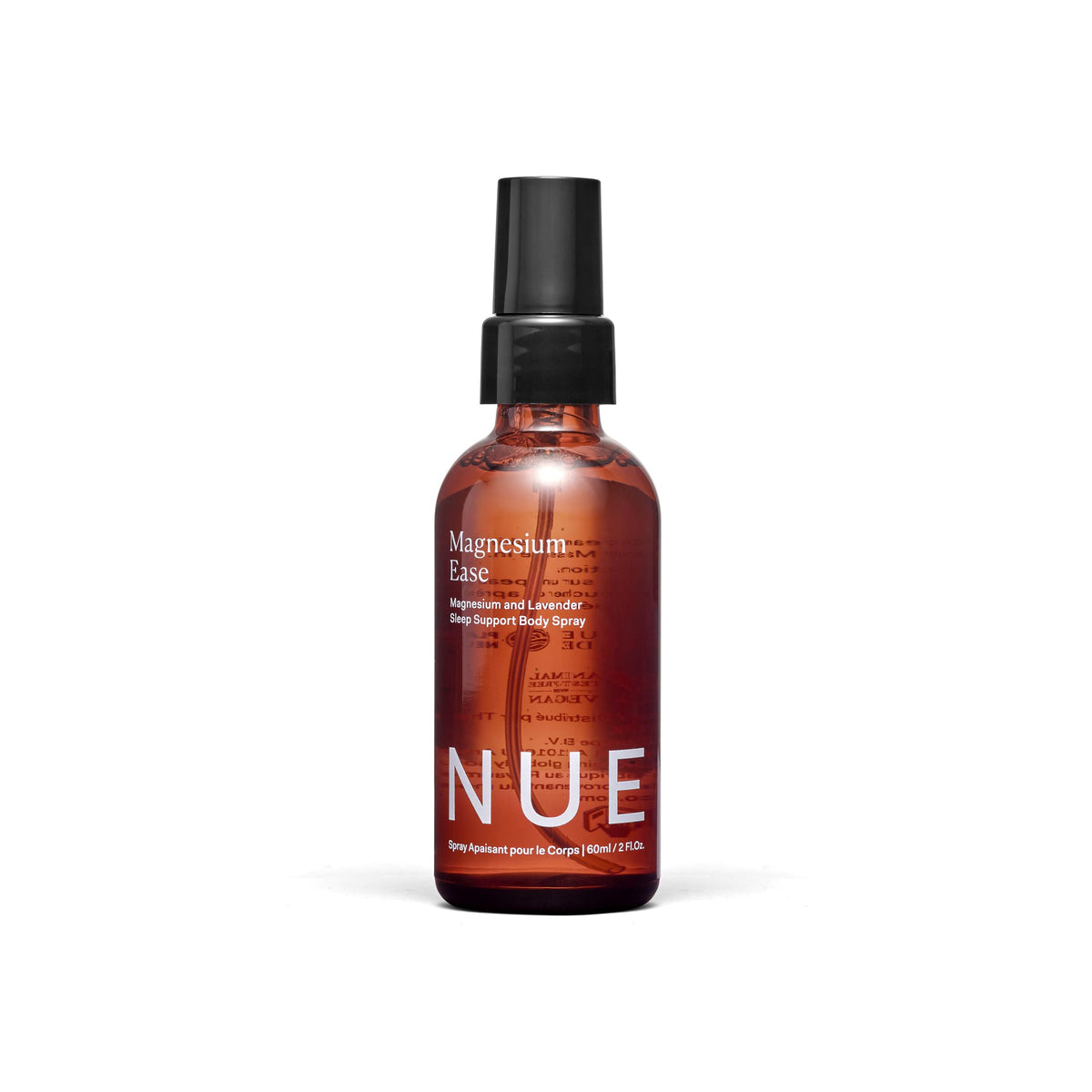 The Nue Co envase frontal del Magnesium Ease 60ml mostrando diseño y tamaño compacto