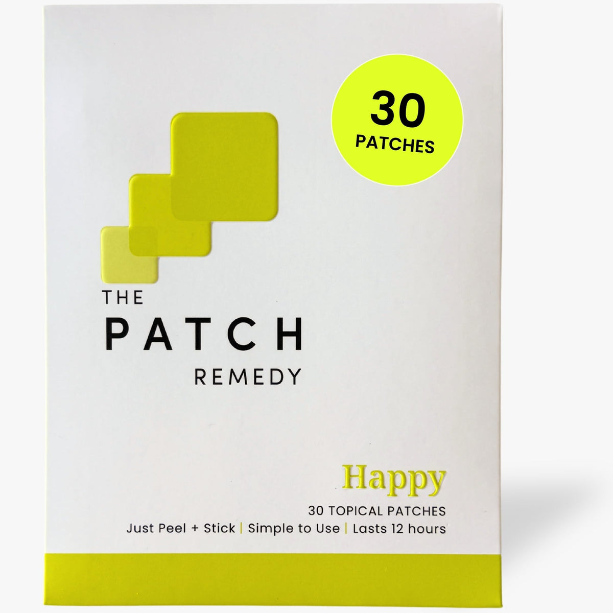 The Patch Remedy empaque frontal claro mostrando 30 parches y conveniencia