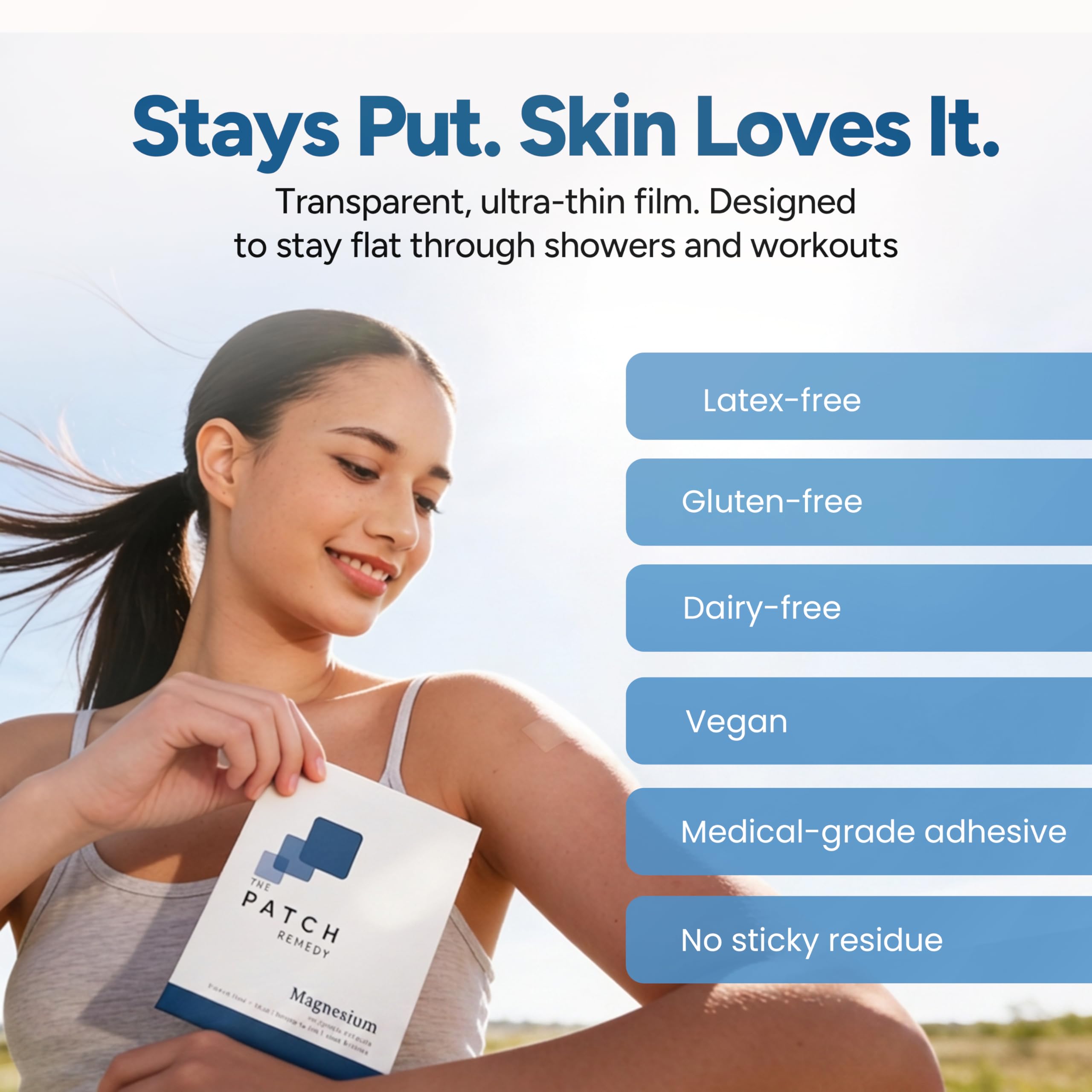The Patch Remedy parche con hoja protectora levantada mostrando adhesivo seguro