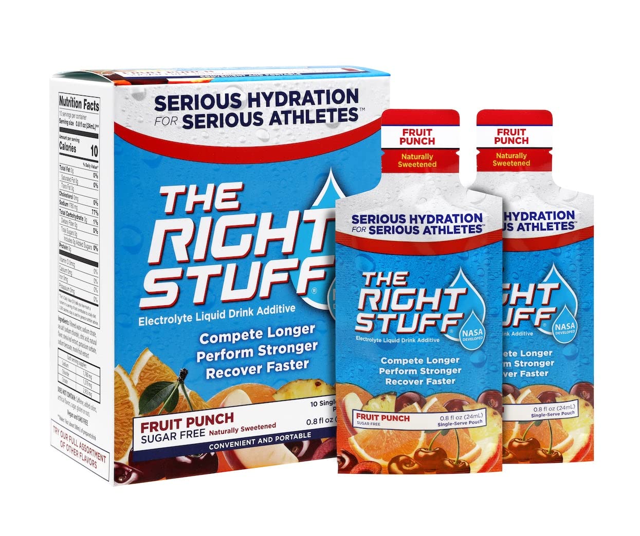 The Right Stuff empaque frontal mostrando sobres y marca, ideal para transporte