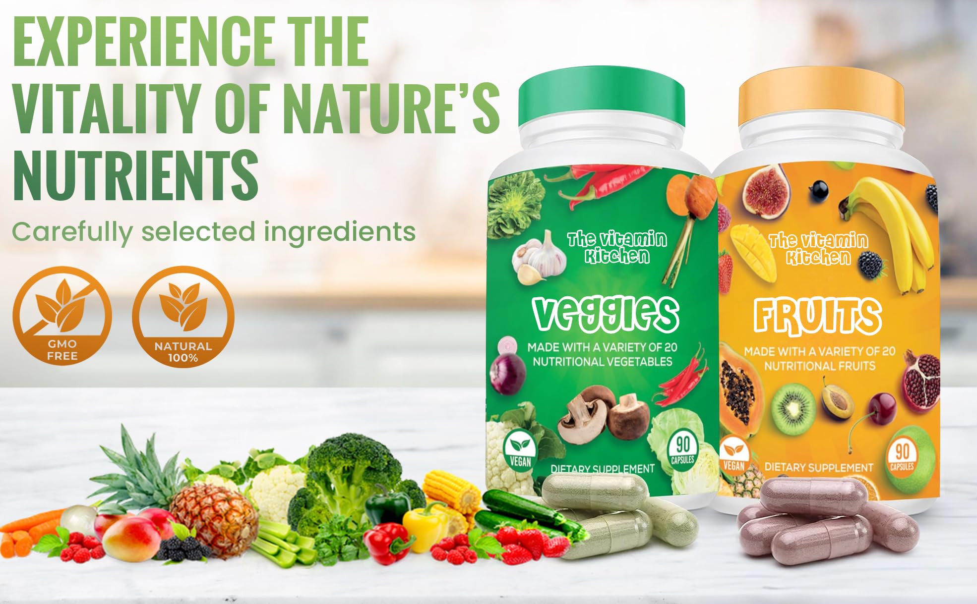 The Vitamin Kitchen etiqueta con ingredientes y origen fabricado en USA