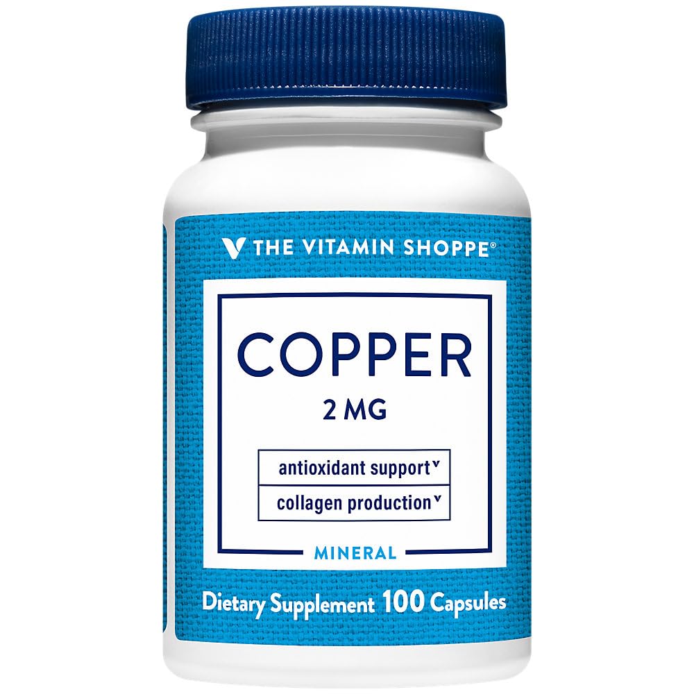 The Vitamin Shoppe frasco frontal de cobre mostrando etiqueta y beneficio claro