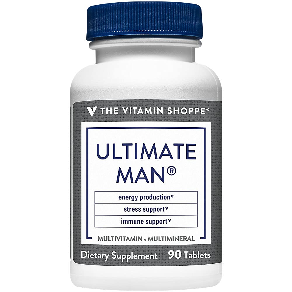 The Vitamin Shoppe frasco de Ultimate Man 90 tabletas mostrando etiqueta clara y beneficios