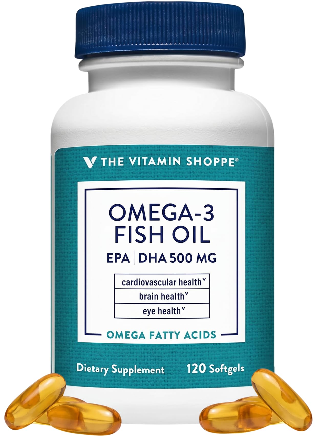 The Vitamin Shoppe frasco frontal mostrando 120 softgels y etiqueta clara