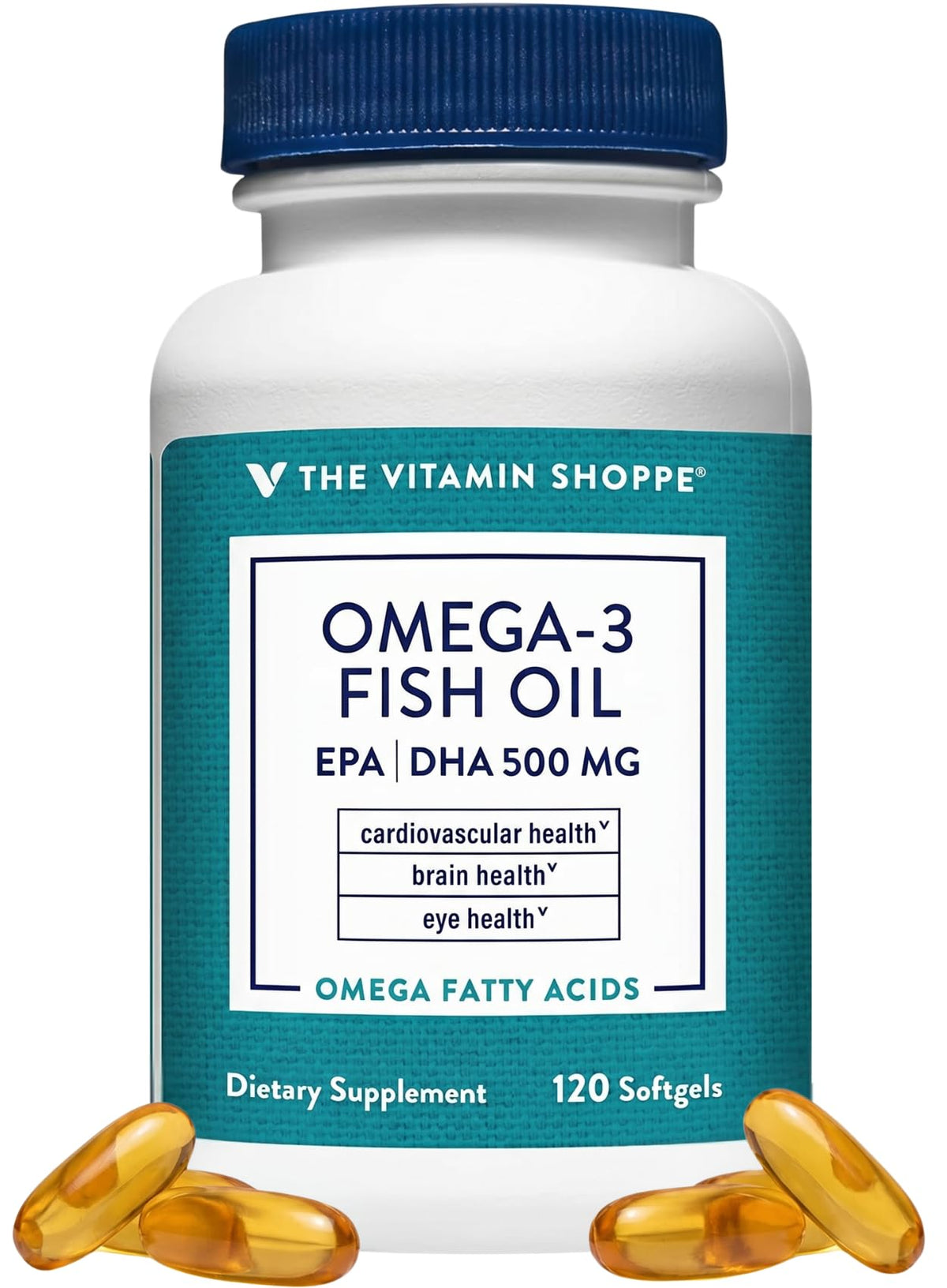 The Vitamin Shoppe frasco frontal mostrando 120 softgels y etiqueta clara