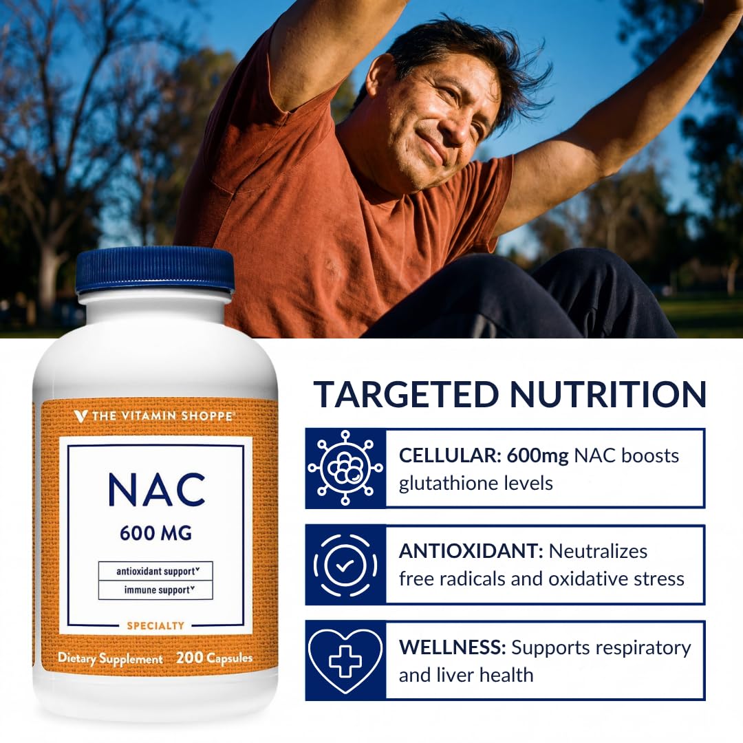The Vitamin Shoppe botella NAC abierta con cápsulas visibles, confianza en el producto