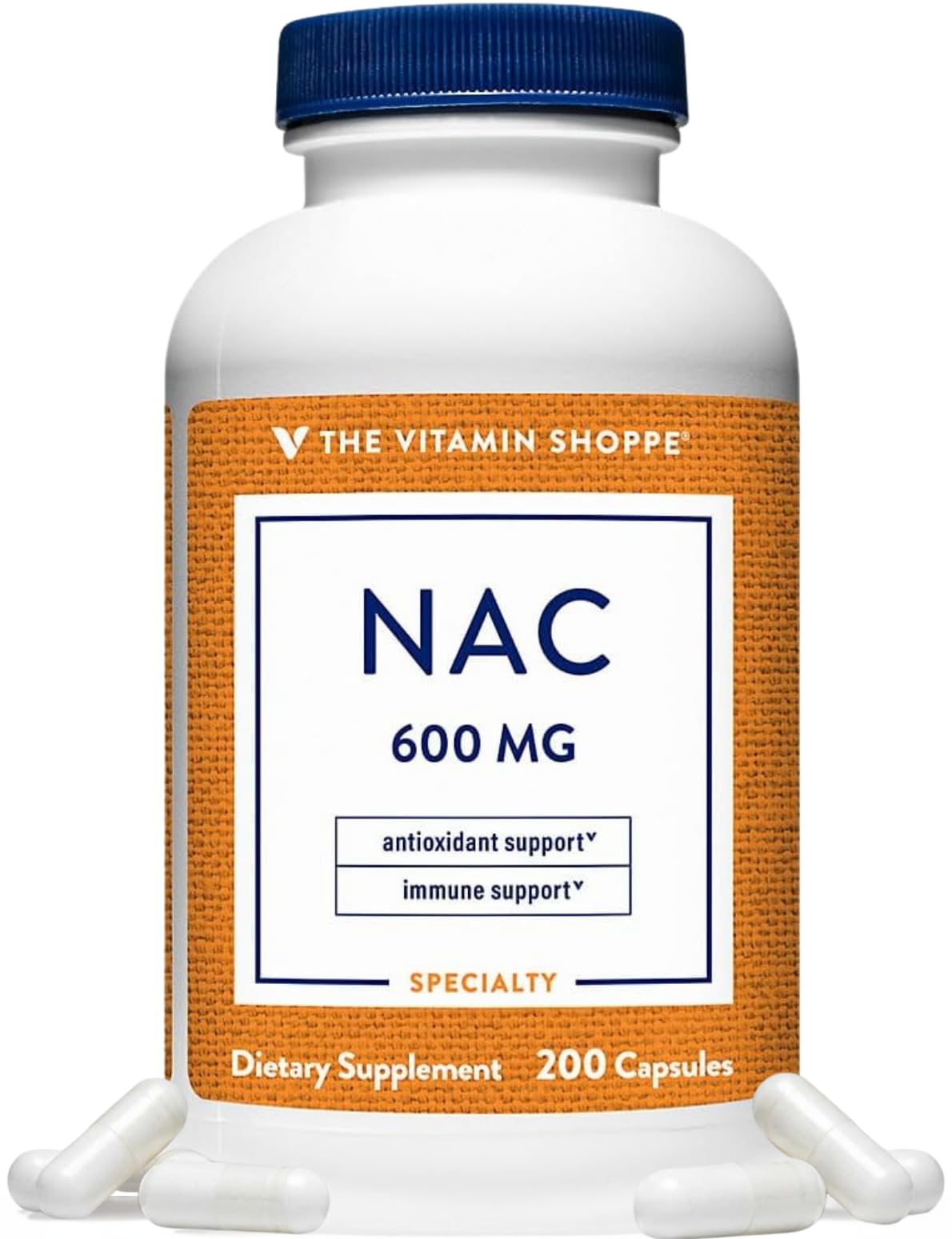 The Vitamin Shoppe frasco frontal del NAC 600 mg, presentación clara y valor