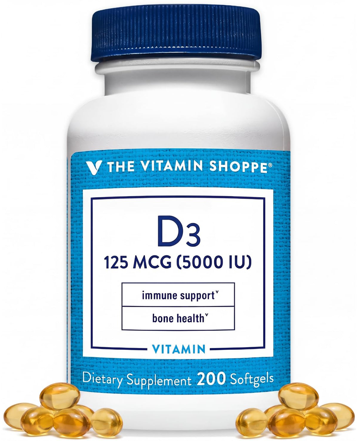 The Vitamin Shoppe frasco delantero mostrando 200 softgels y conveniencia
