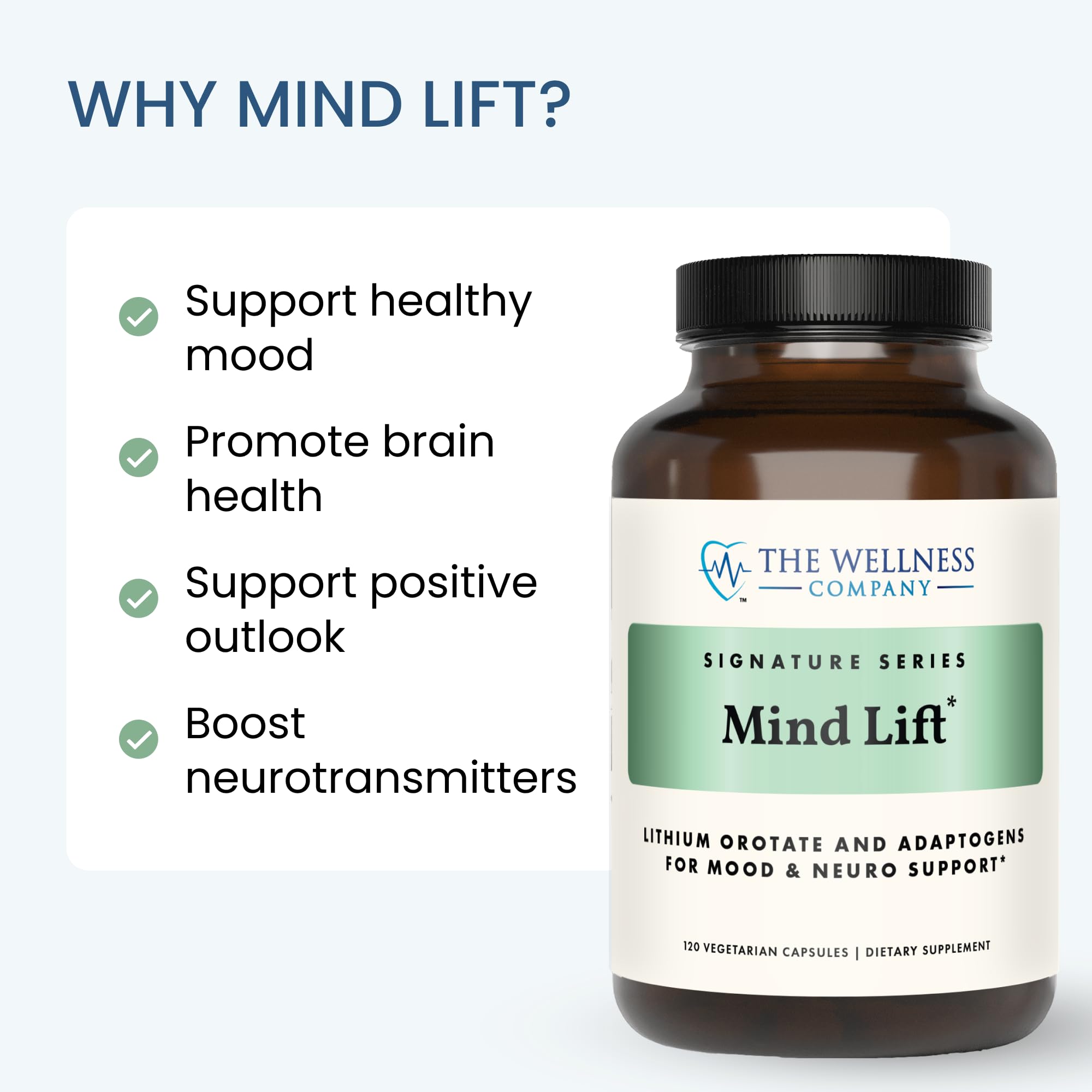The Wellness Company Mind Lift botella junto a un objeto para comparar tamaño práctico
