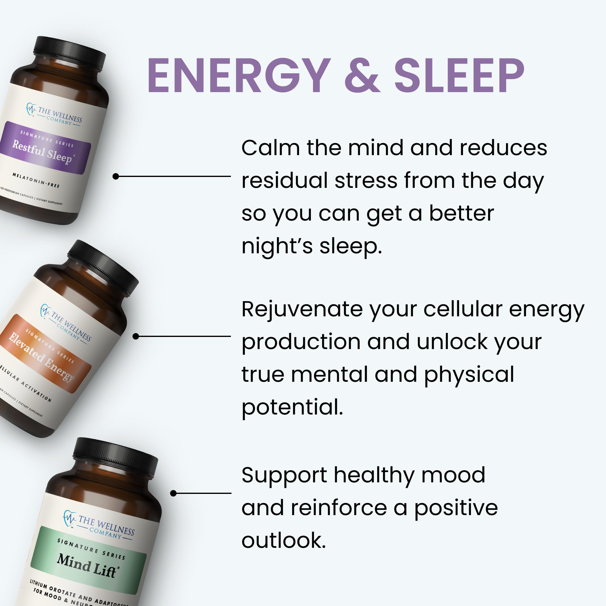 The Wellness Company Mind Lift envase con etiqueta visible que destaca Non-GMO y sin gluten
