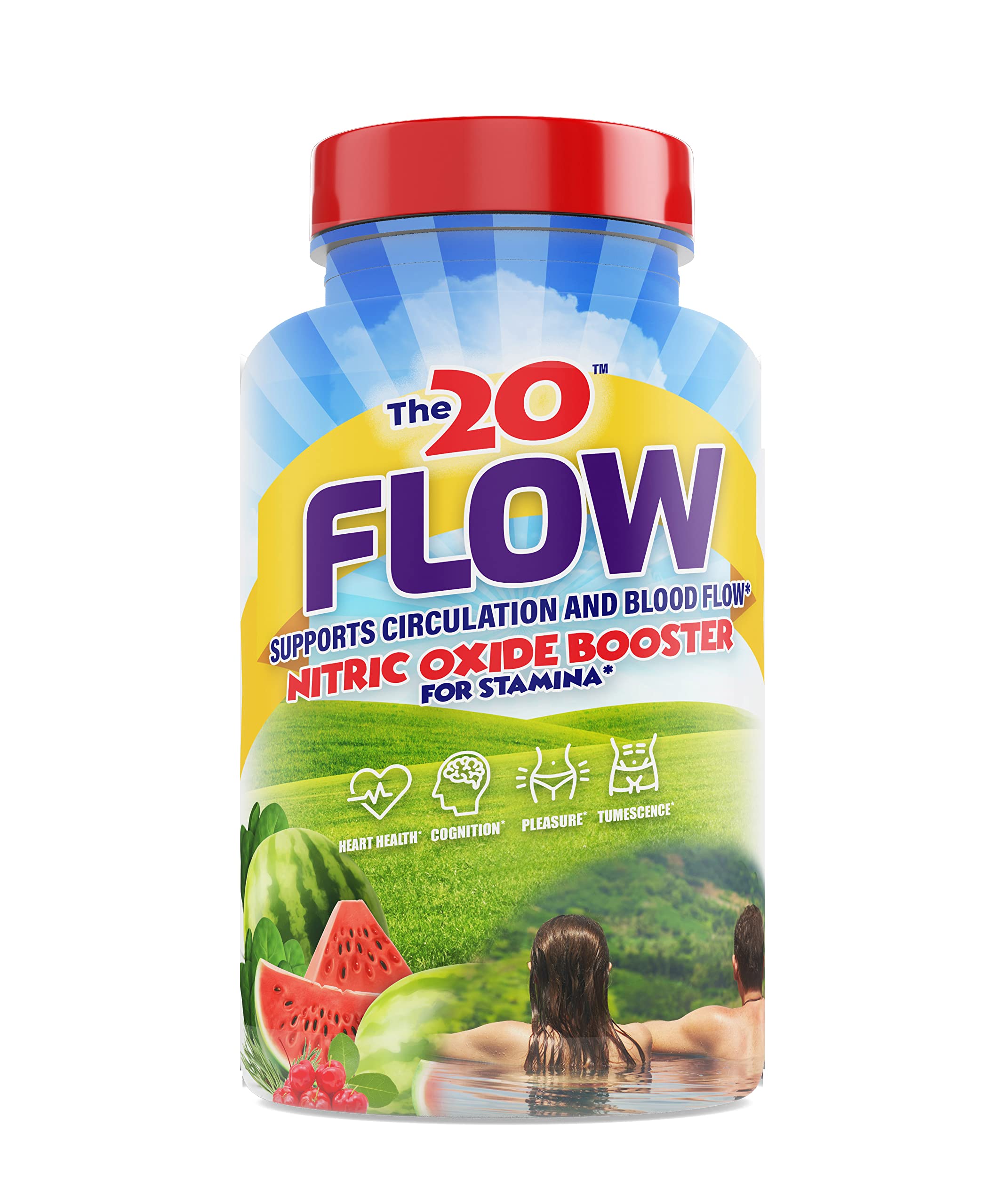 The20 Flow frasco frontal mostrando la etiqueta y beneficios claros