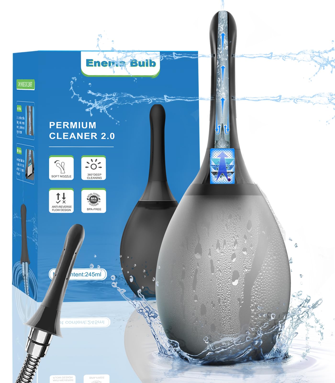 TheClover vista frontal del kit Douche mostrando el cuerpo y boquilla, facilidad de transporte