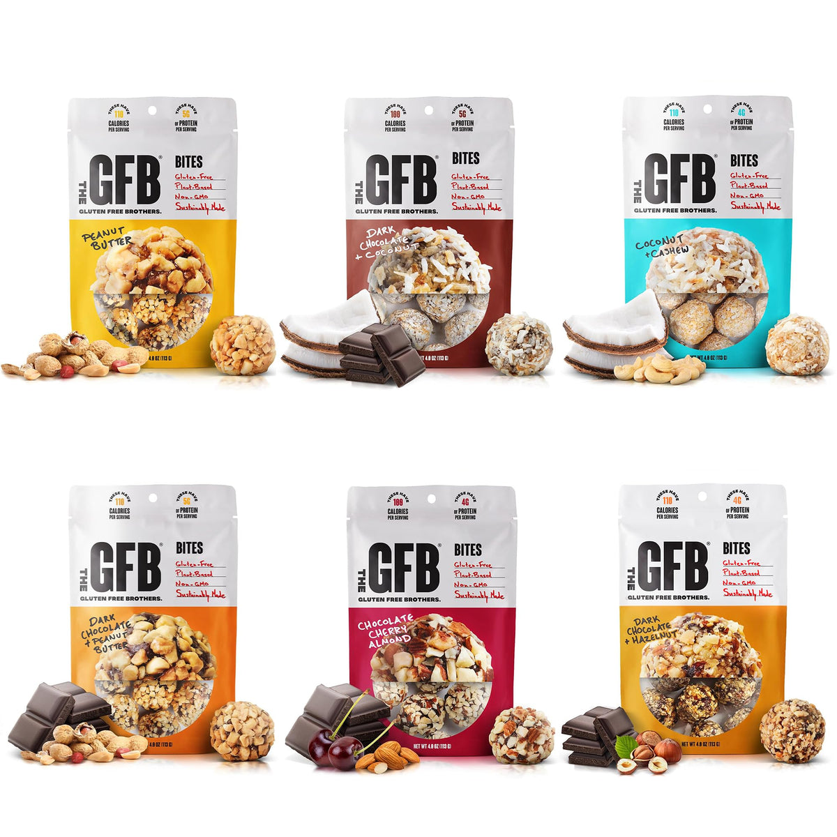 The GFB pack frontal mostrando seis bolsas resellables para conveniencia