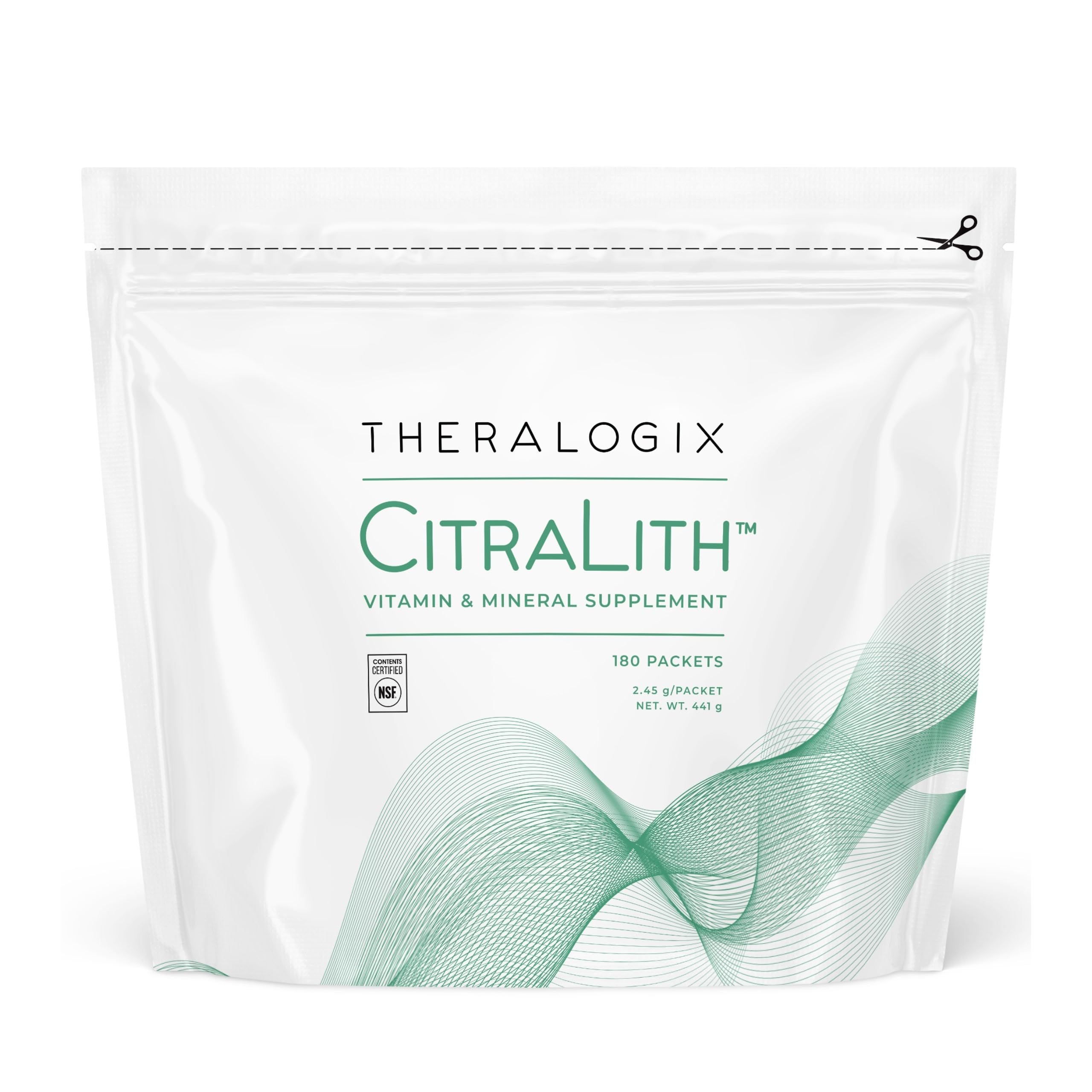 Theralogix CitraLith frente del empaque mostrando 180 sobres y certificación NSF, claridad de contenido