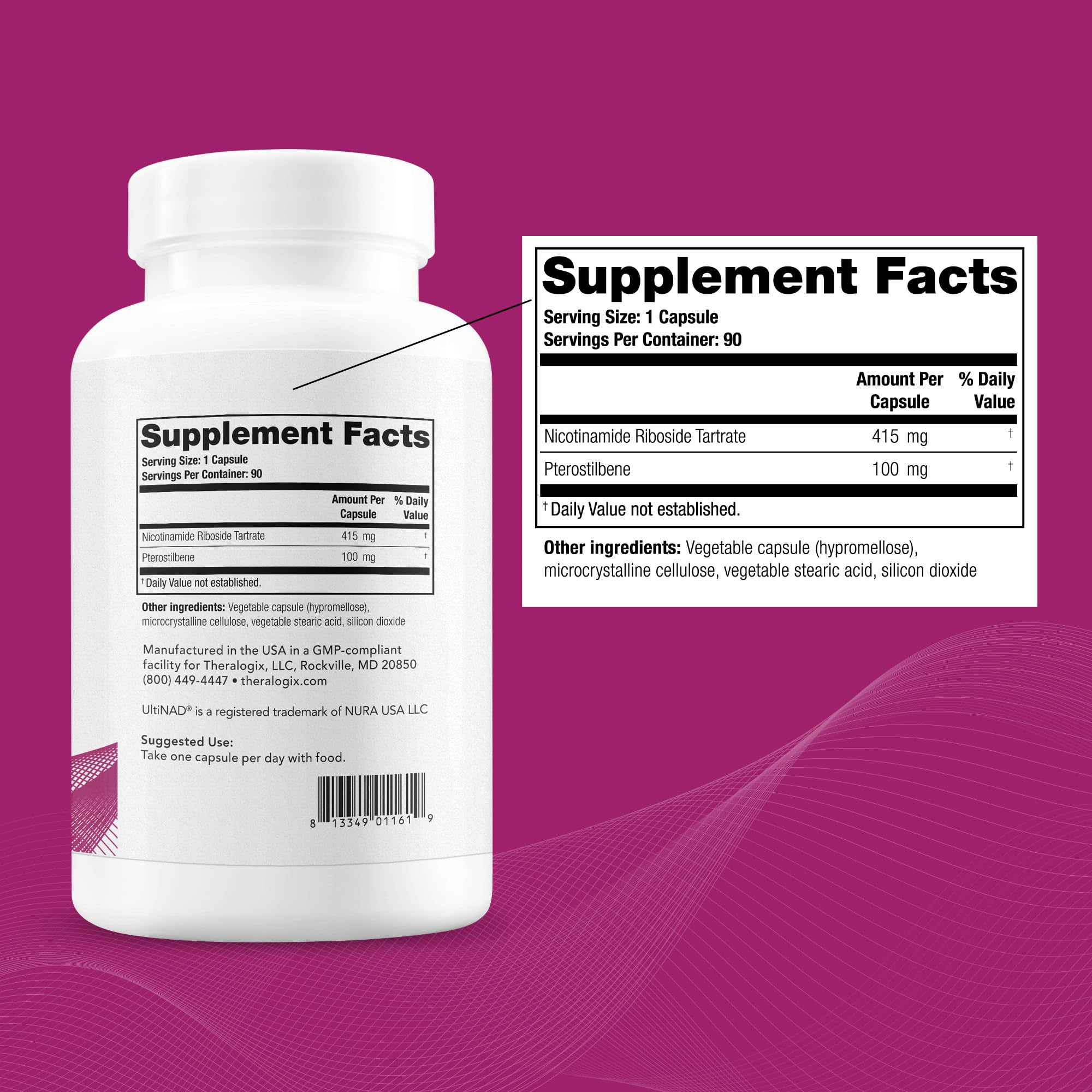 Theralogix etiqueta de OvaNAD+ con lista de ingredientes y pureza certificada