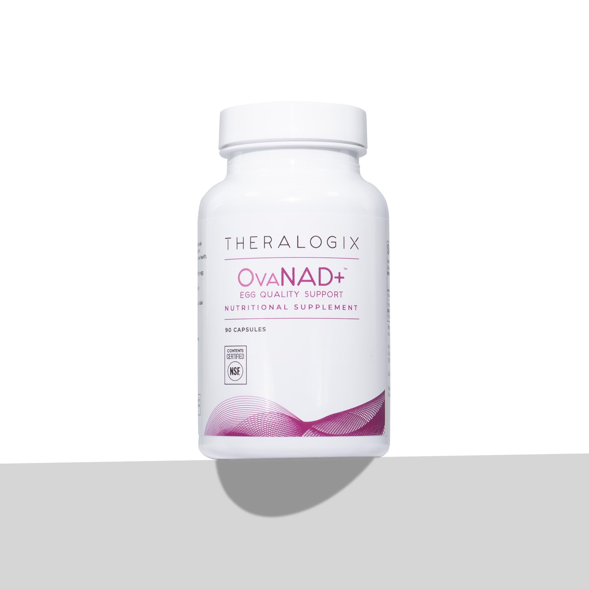 Theralogix frasco OvaNAD+ sobre mesa con alimentos sanos que complementan uso