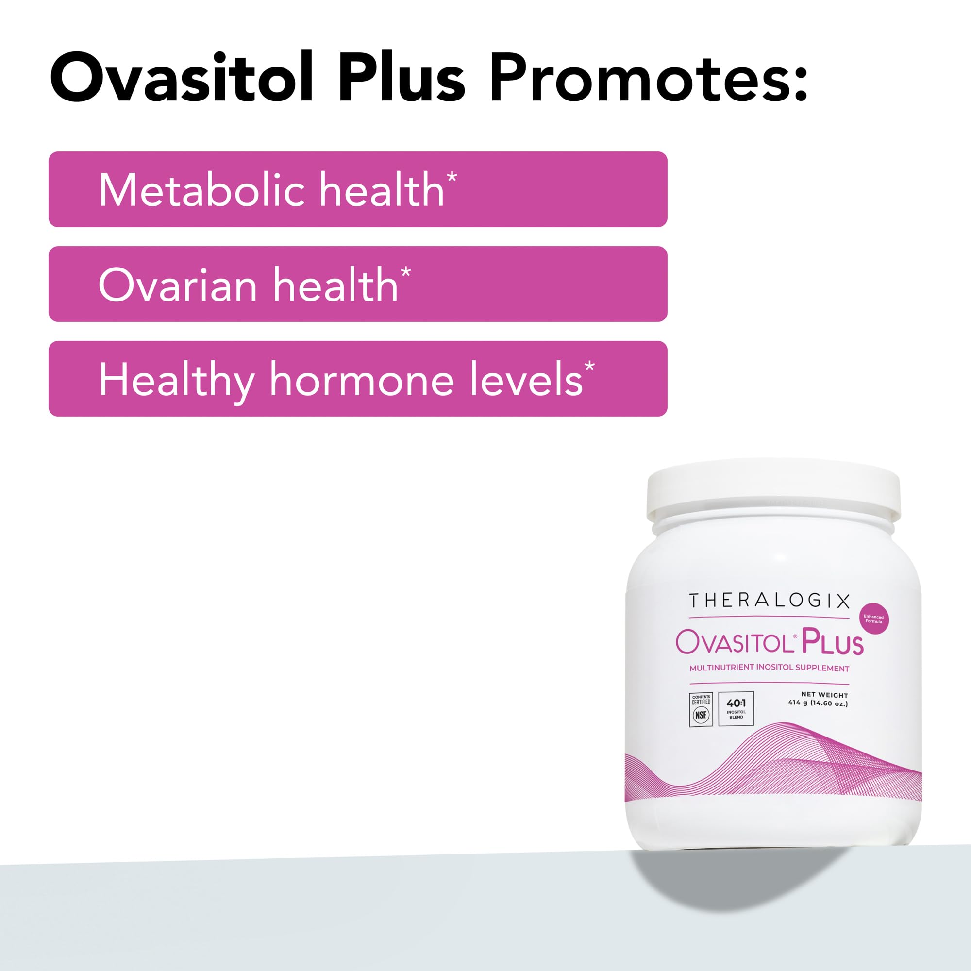 Theralogix Ovasitol sello NSF en empaque que certifica pureza y potencia