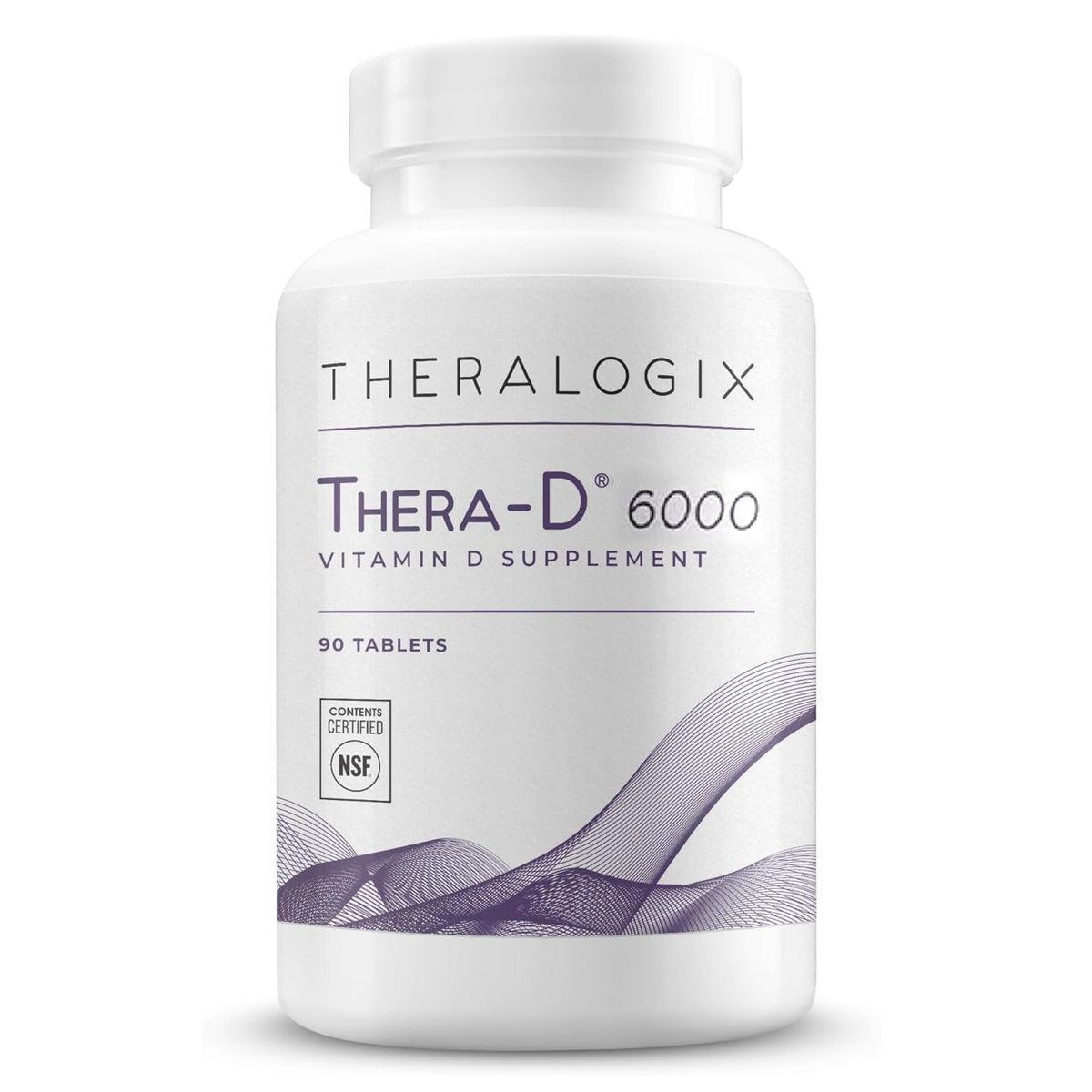 Theralogix frasco frontal mostrando etiqueta clara y sello NSF, confianza y pureza