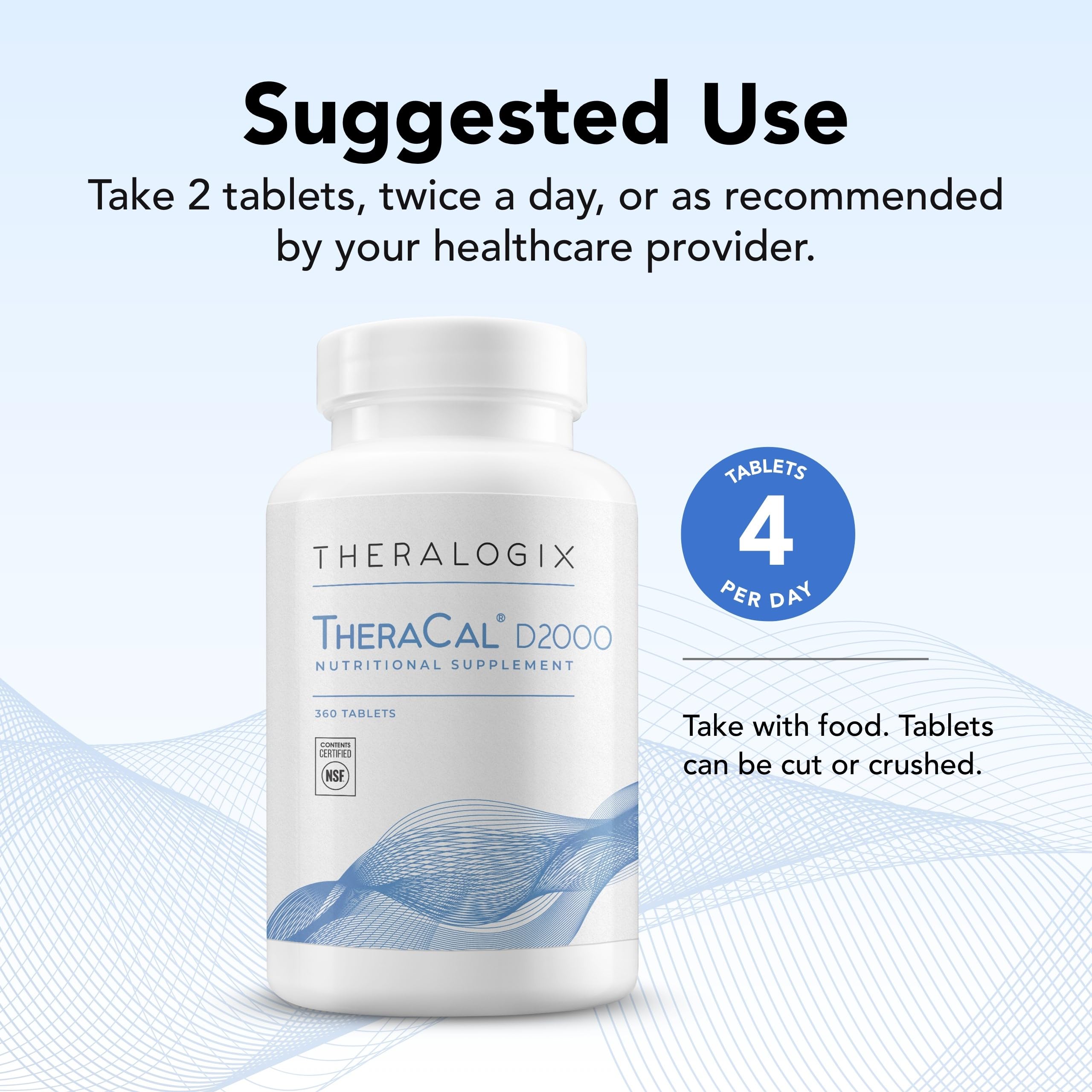 Theralogix TheraCal D2000 tabletas en mano para comparar tamaño y dosificación conveniente
