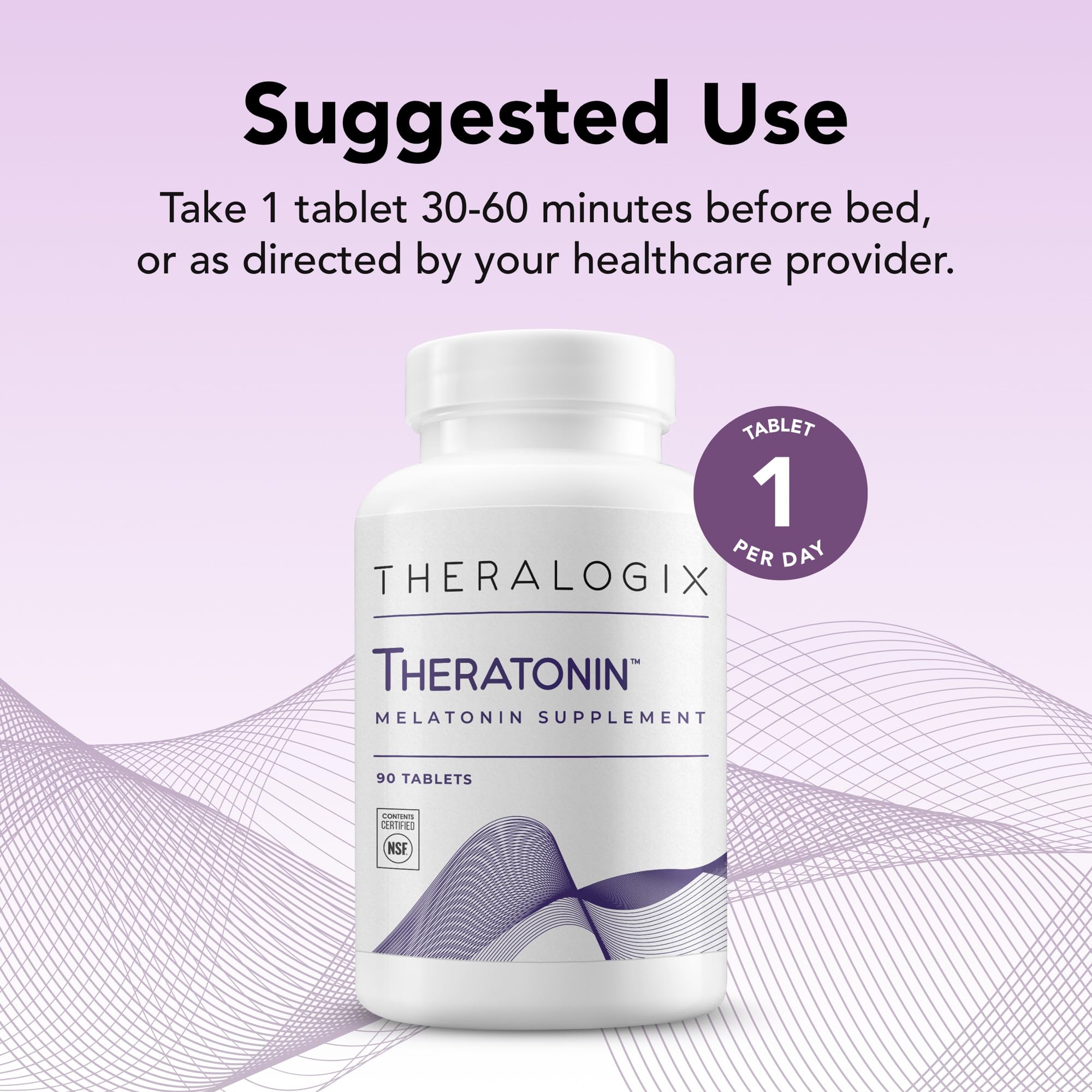 Theralogix Theratonin tabletas sobre una palma para mostrar tamaño y cantidad
