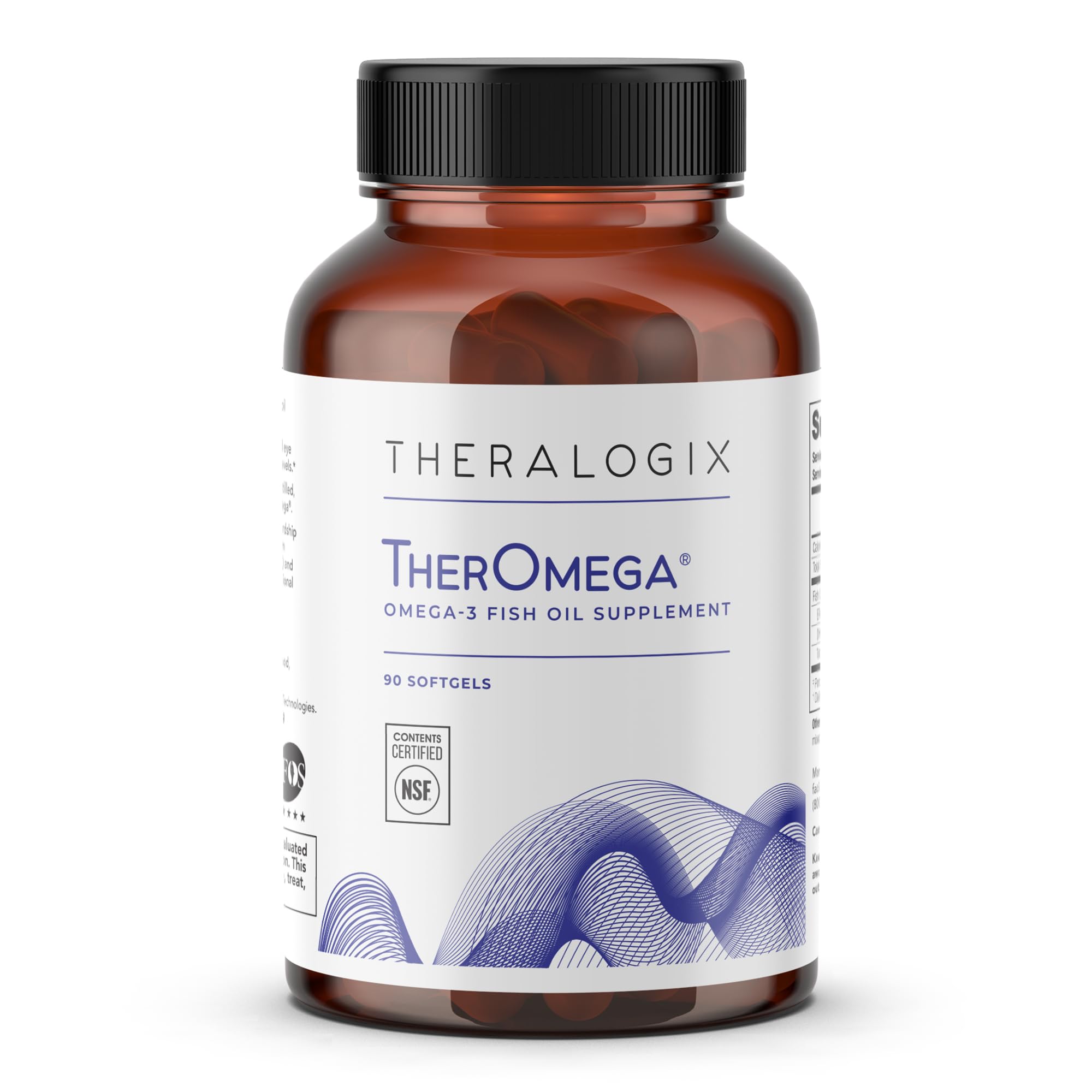 Theralogix TherOmega frente del empaque mostrando beneficios y certificación NSF