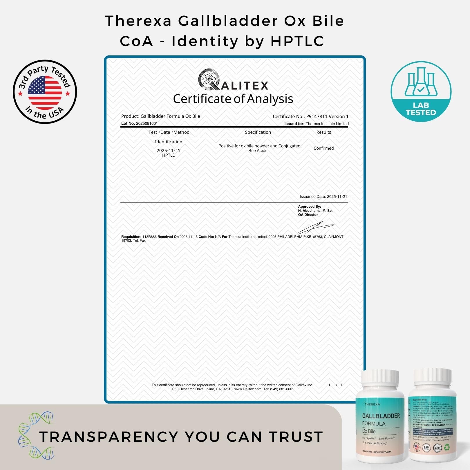 THEREXA etiqueta con lista de ingredientes y calidad cGMP verificada