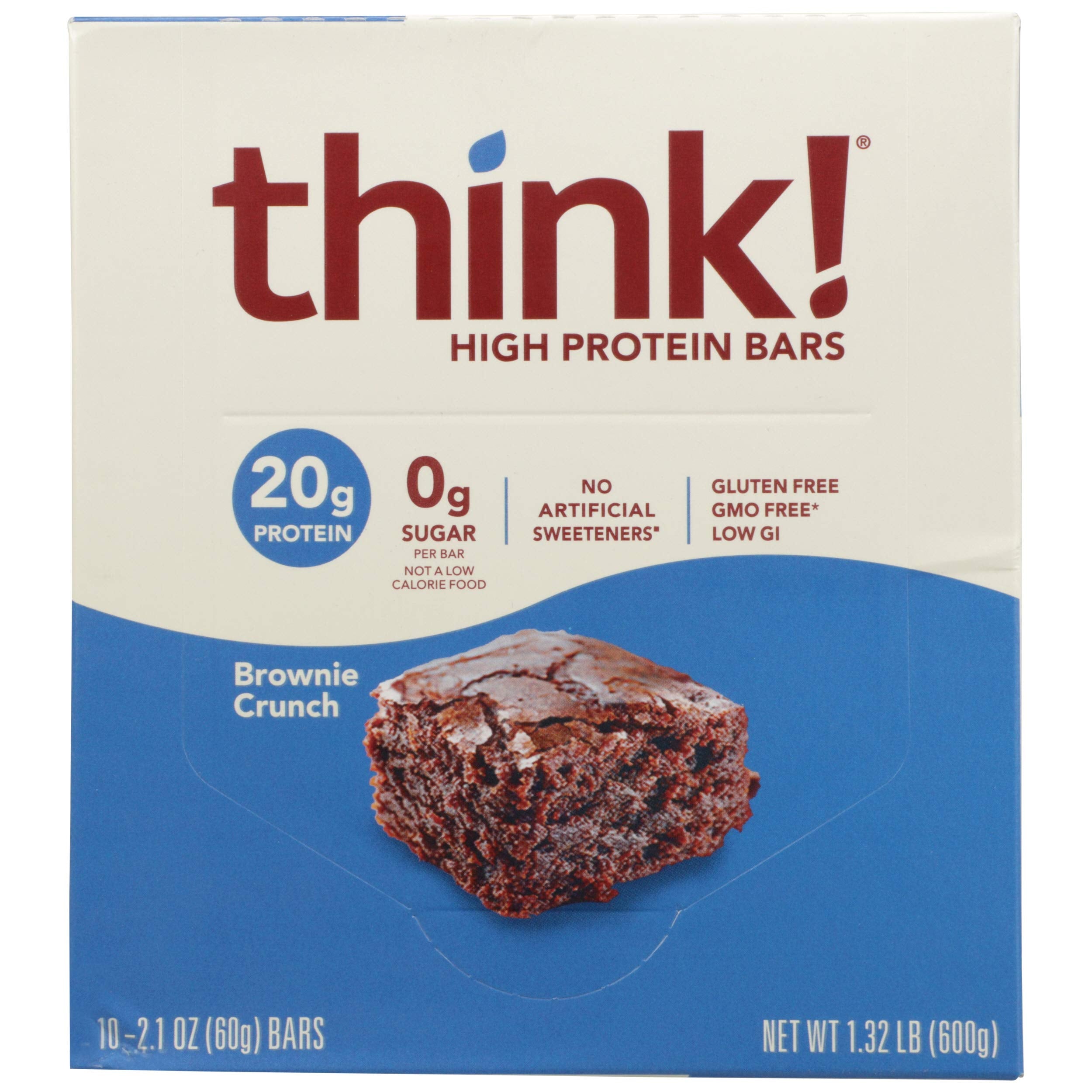 thinkThin caja frontal Brownie Crunch mostrando 10 barras y beneficio práctico