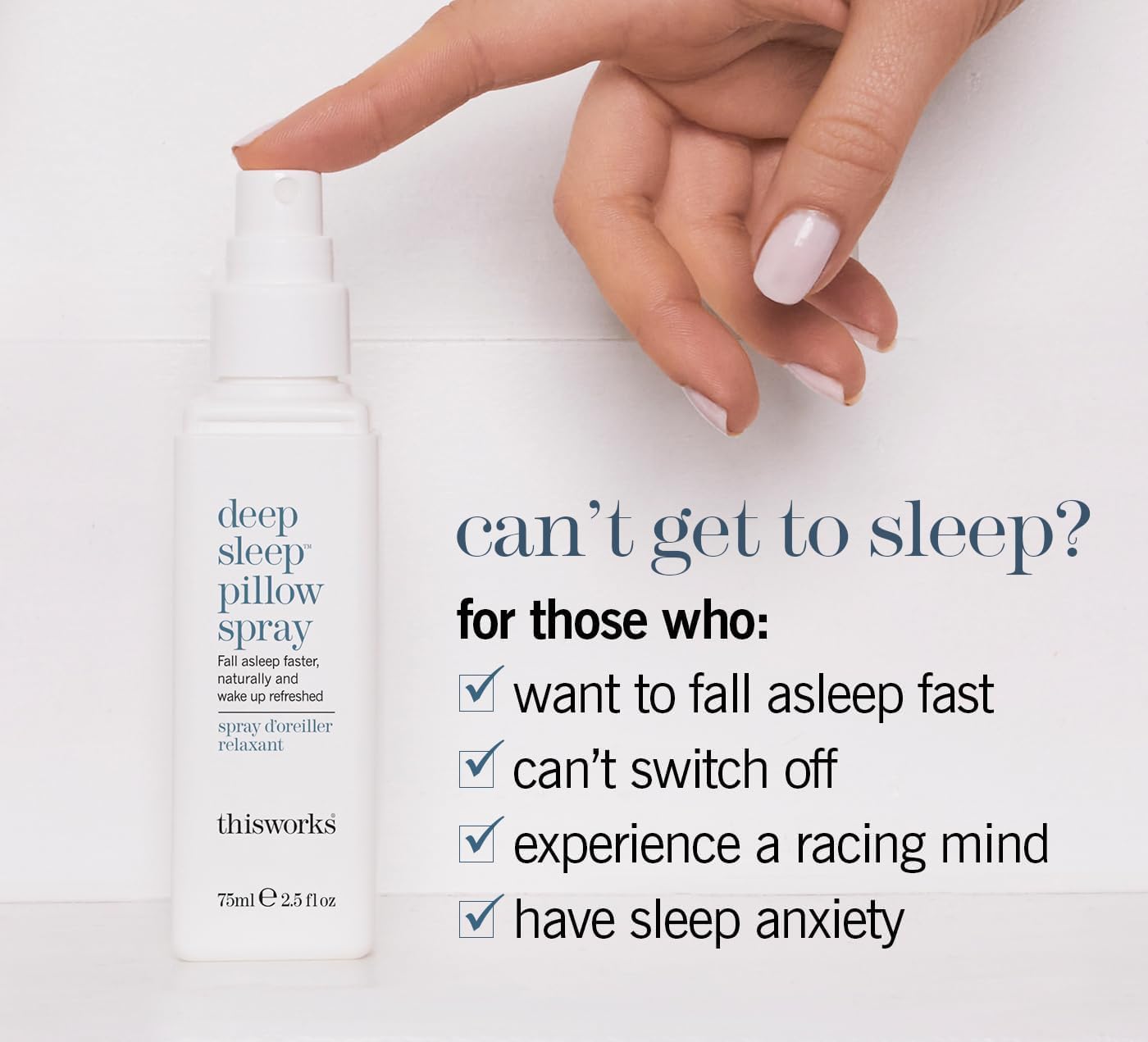 THISWORKS spray aplicado sobre almohada creando ambiente calmado