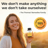 Thomas' all-natural Remedies informe de laboratorio y sello GMP visible