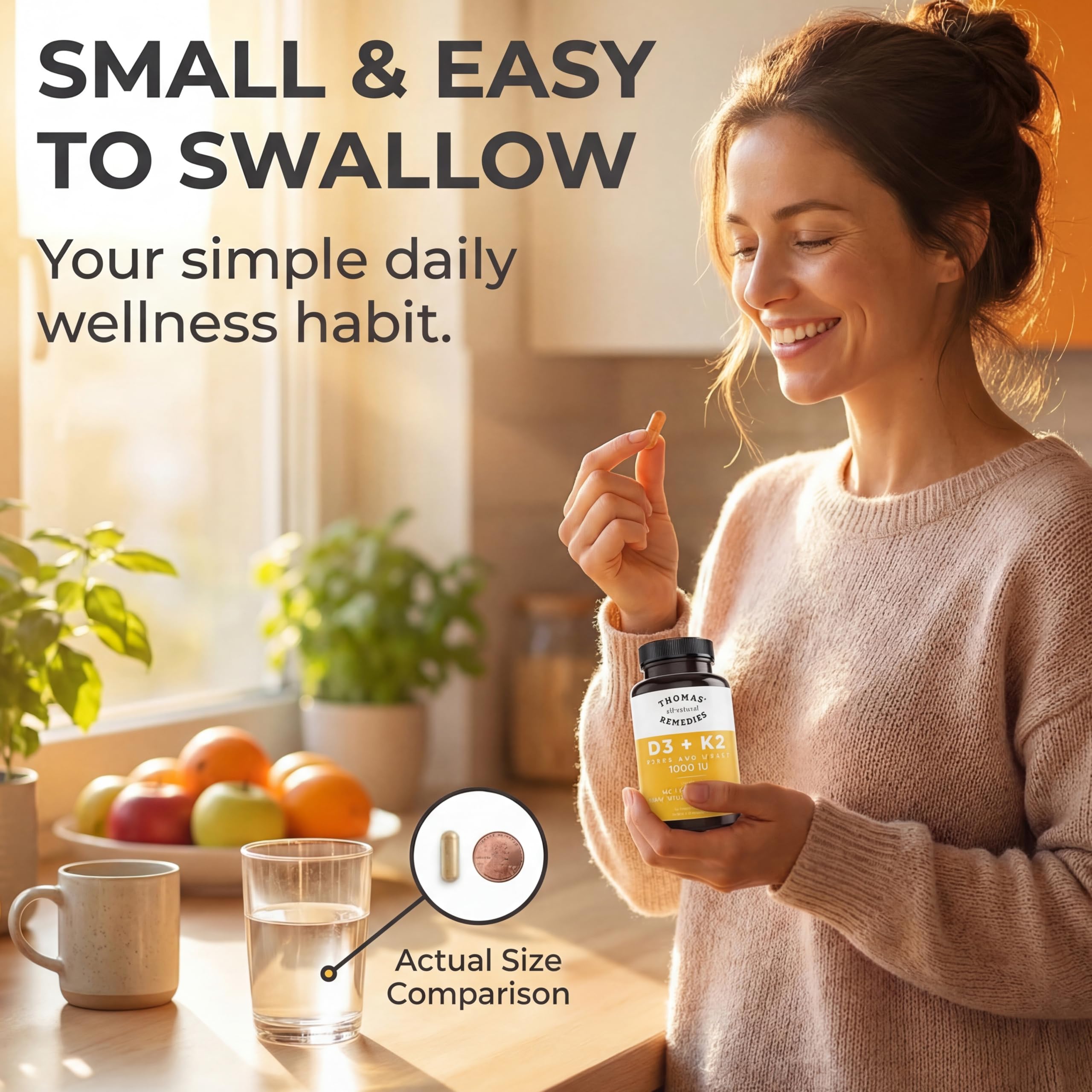 Thomas' all-natural Remedies comparación de tamaño de la cápsula con moneda