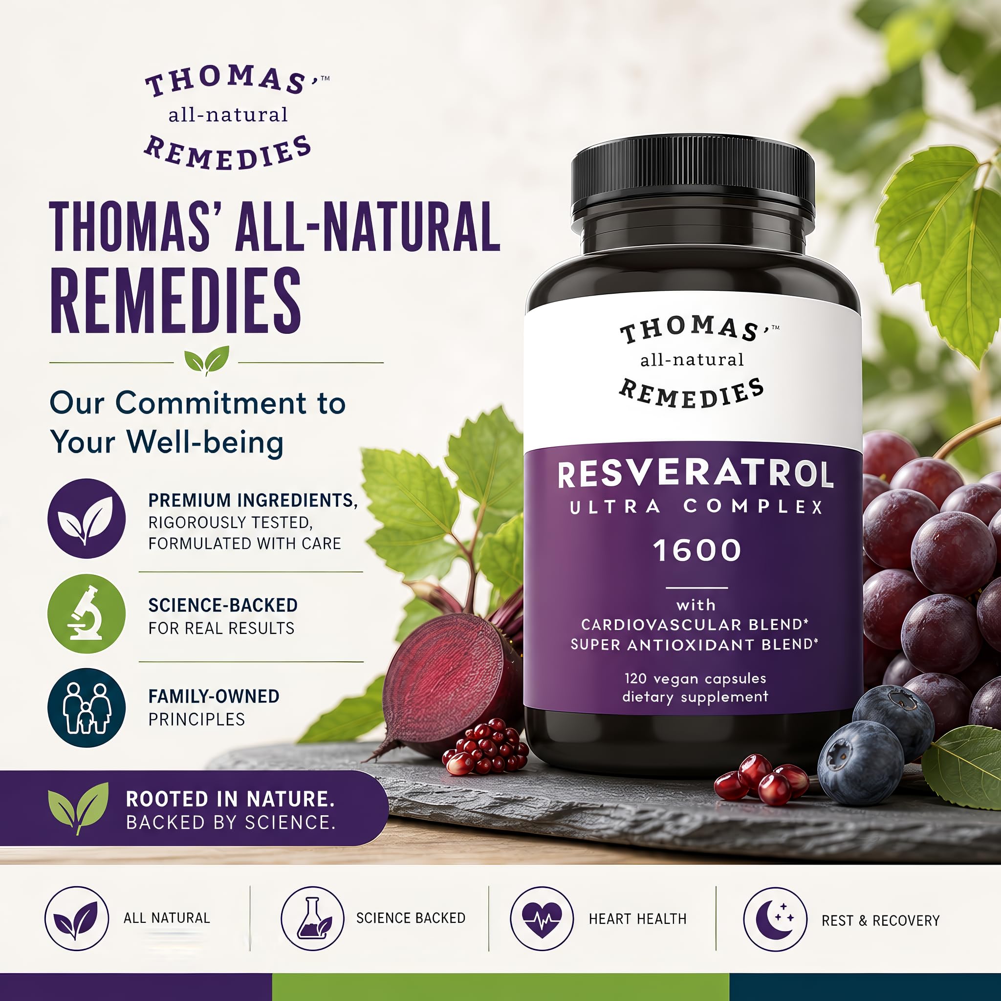 Thomas' all-natural Remedies botella abierta con cápsulas visibles y dosificadas