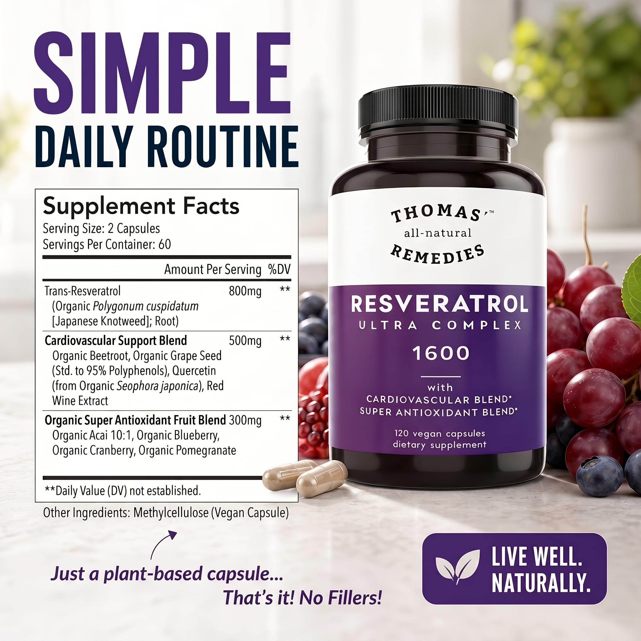 Thomas' all-natural Remedies mano sosteniendo cápsulas para comparar tamaño
