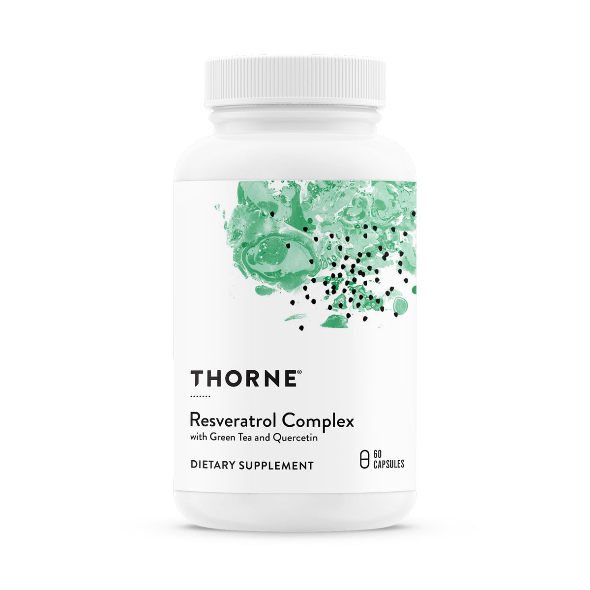 THORNE bote frontal del Resveratrol Complex mostrando presentación y confianza
