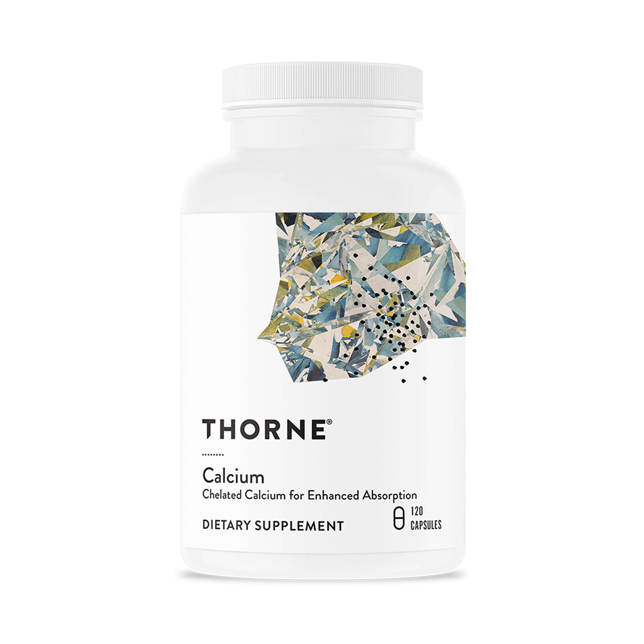 THORNE envase frontal mostrando fórmula de calcio y beneficio de absorción