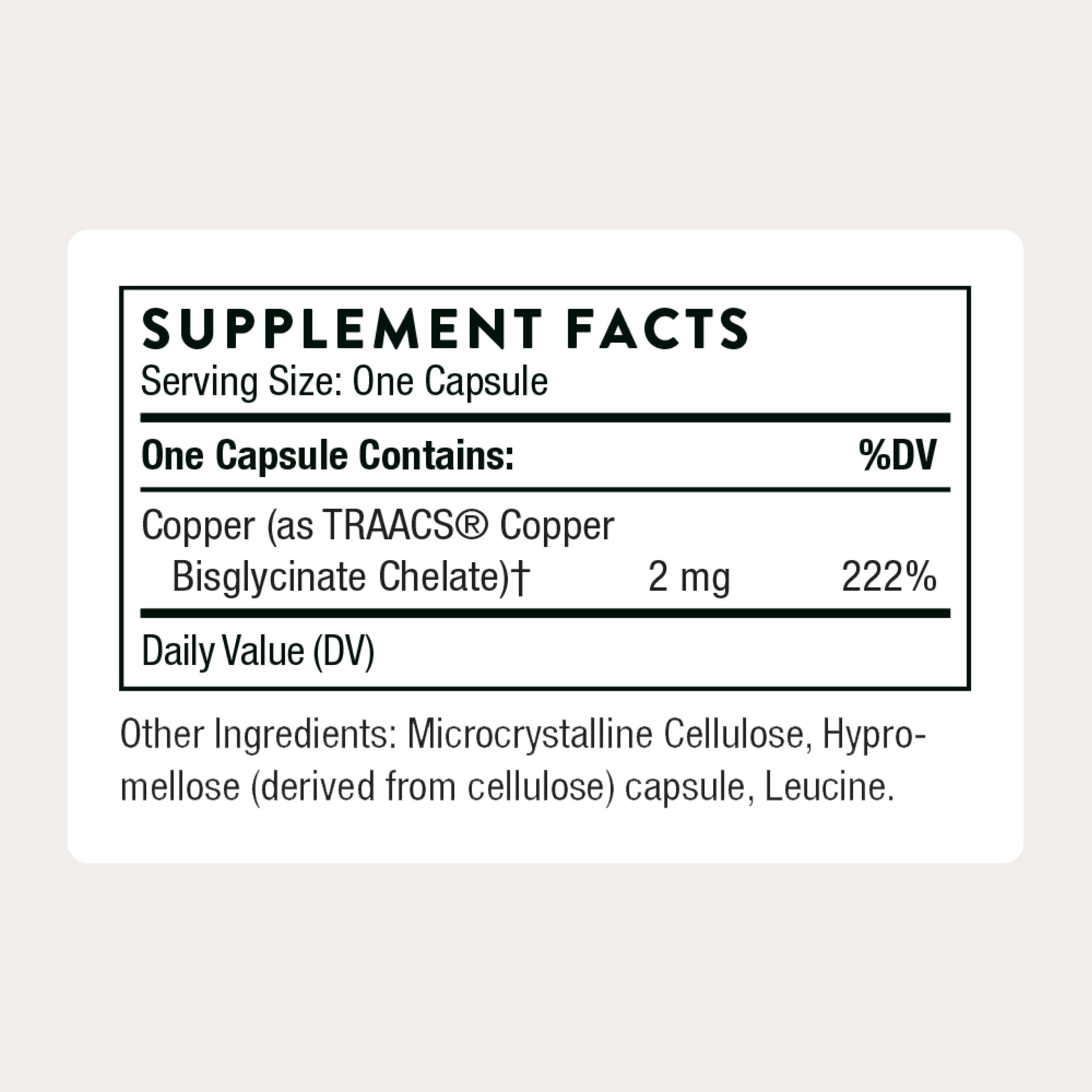 THORNE cápsula abierta del Copper Bisglycinate mostrando tamaño y facilidad de ingestión