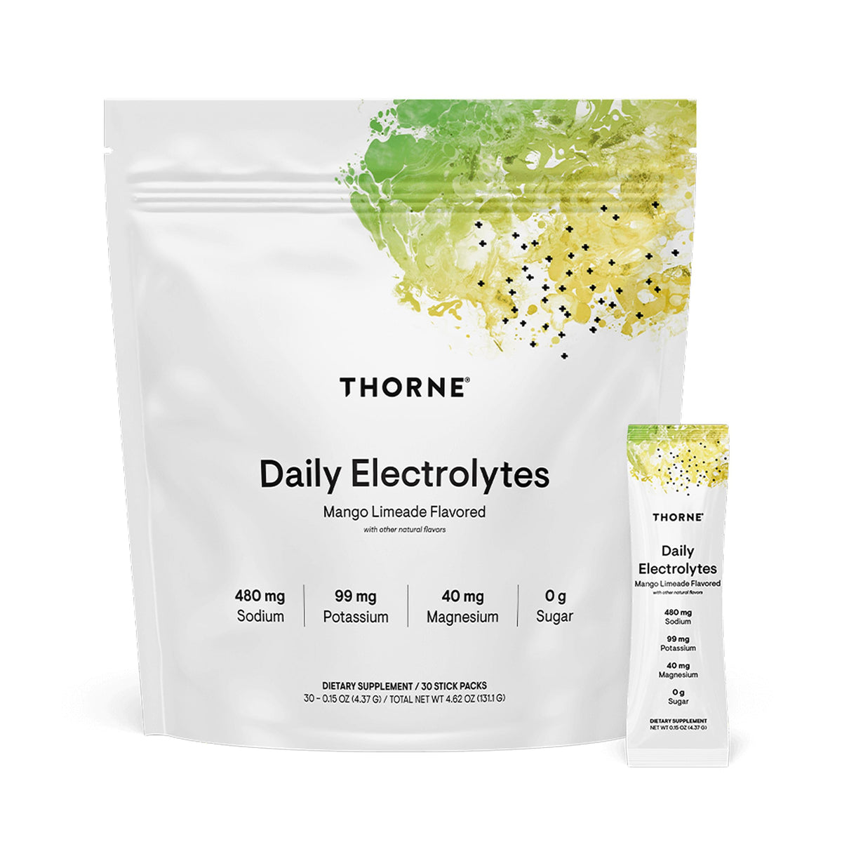 THORNE frente del envase Mango Limeade mostrando 30 sobres y marca confiable