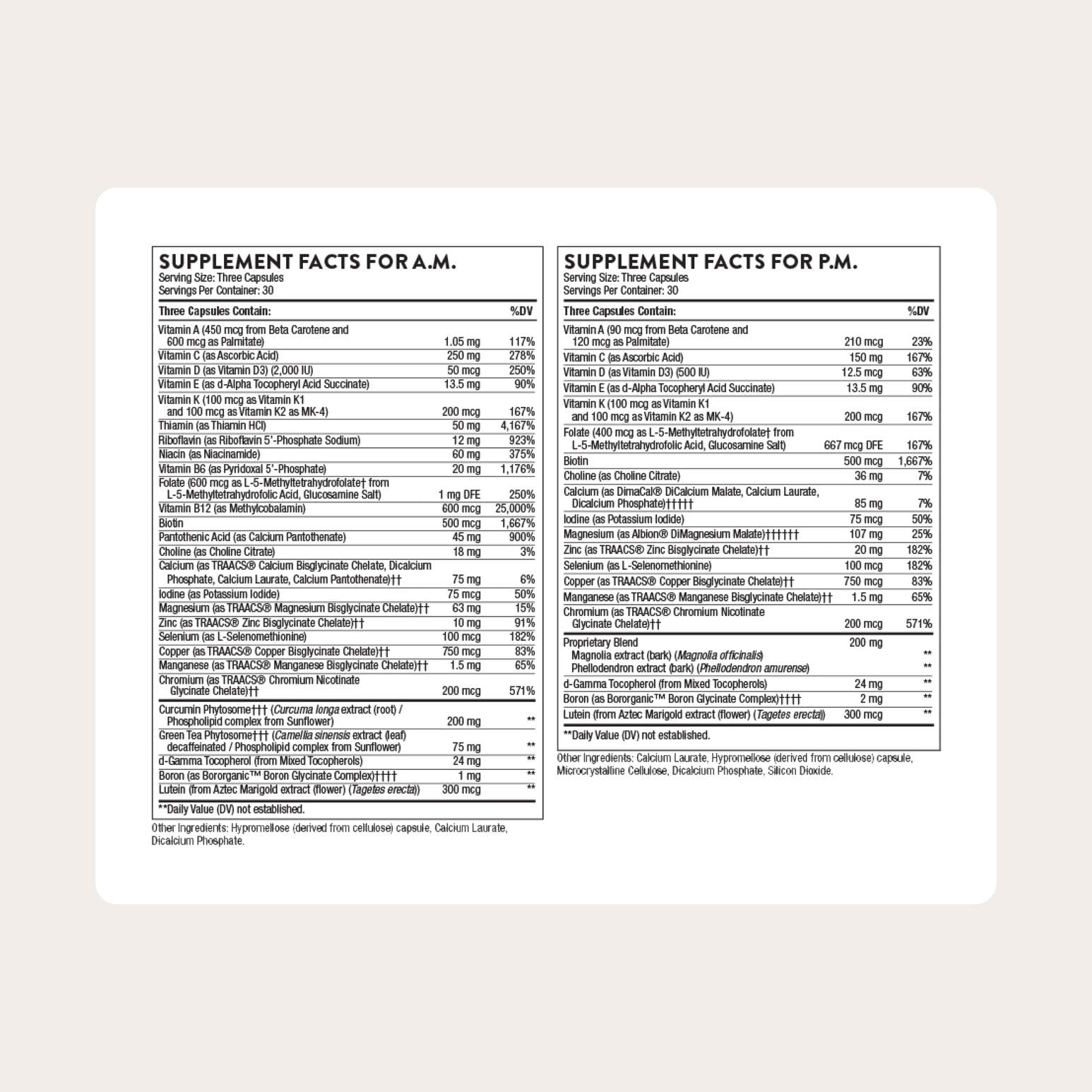 THORNE etiqueta cercana legible, detalle de ingredientes y certificación verificada