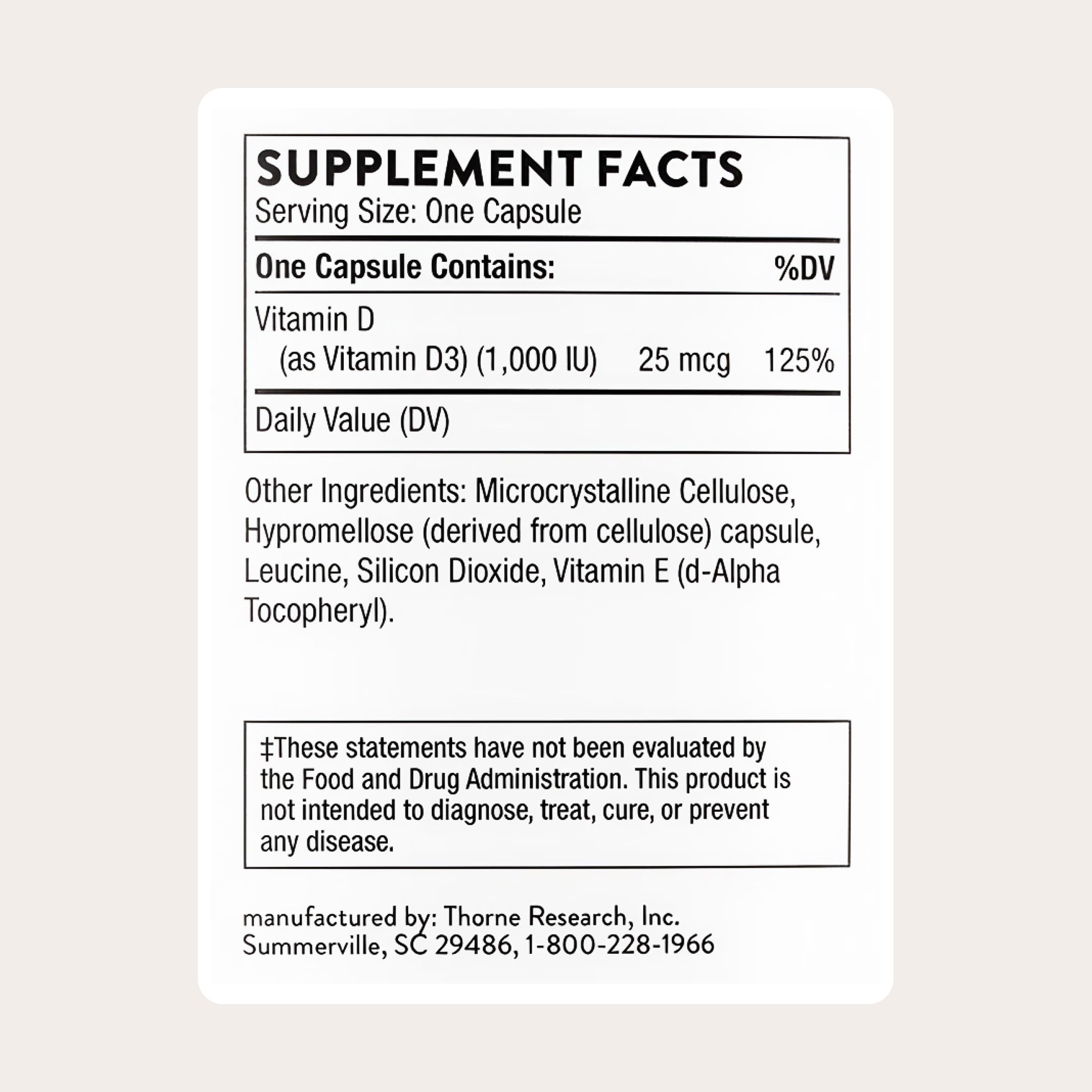 THORNE etiqueta con información de vitamina D3 y certificación de terceros