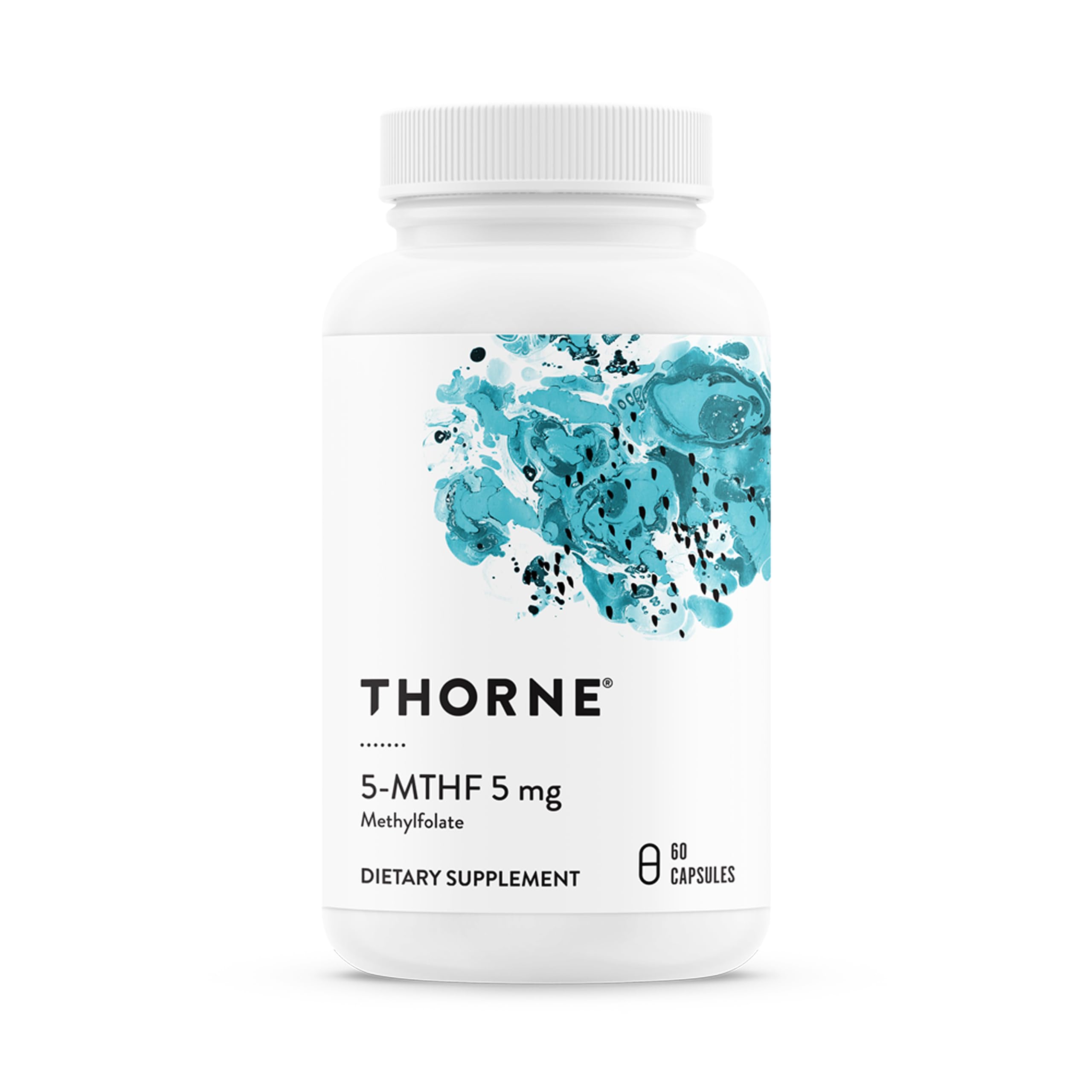 THORNE envase frontal de 5‑MTHF 5 mg mostrando presentación y beneficios en etiqueta